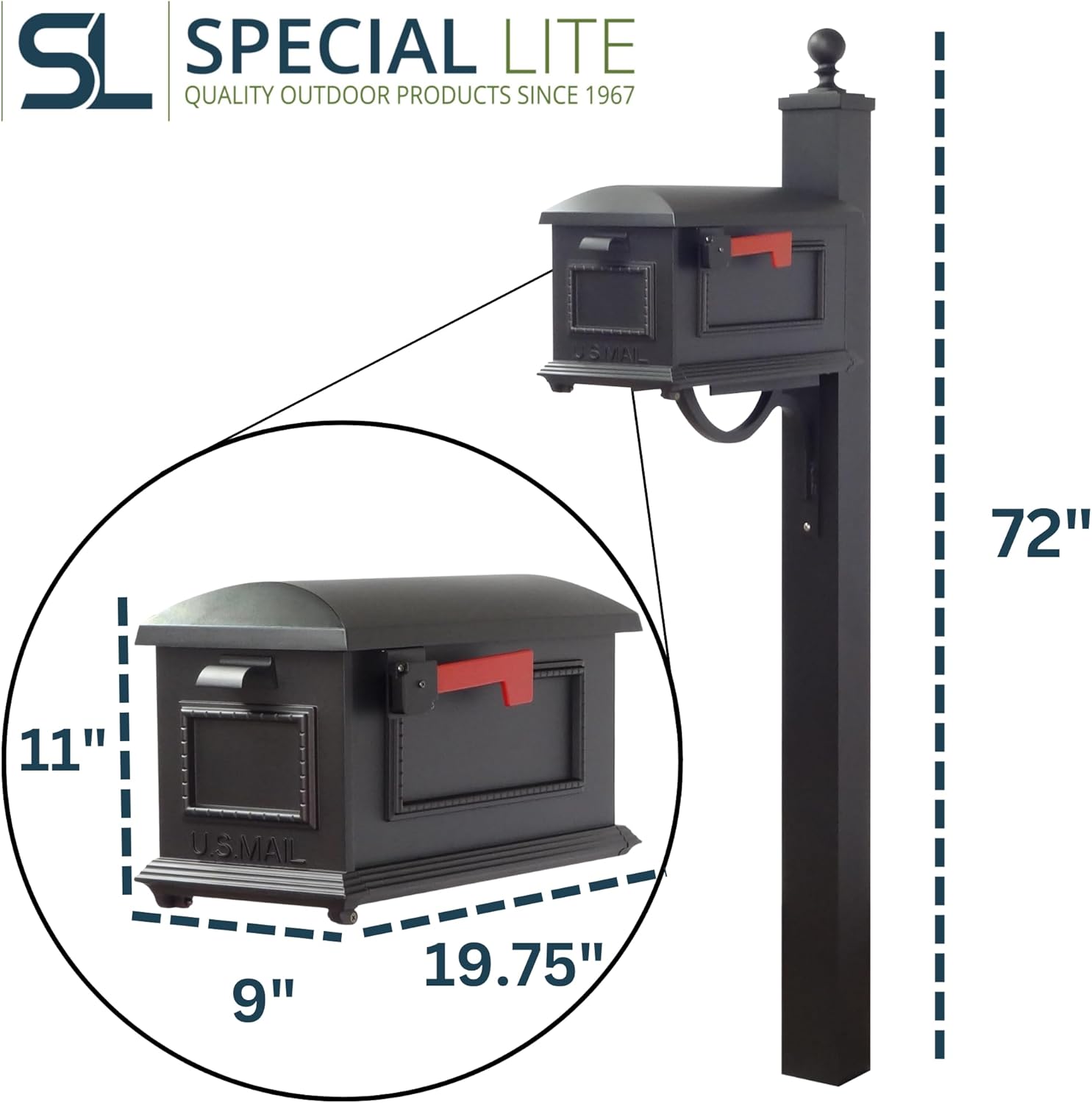 Special Lite Traditional Curbside Mailbox with Springfield Post - Black Aluminum Mailbox with Post - SCT-1010_SPK-710-BLK