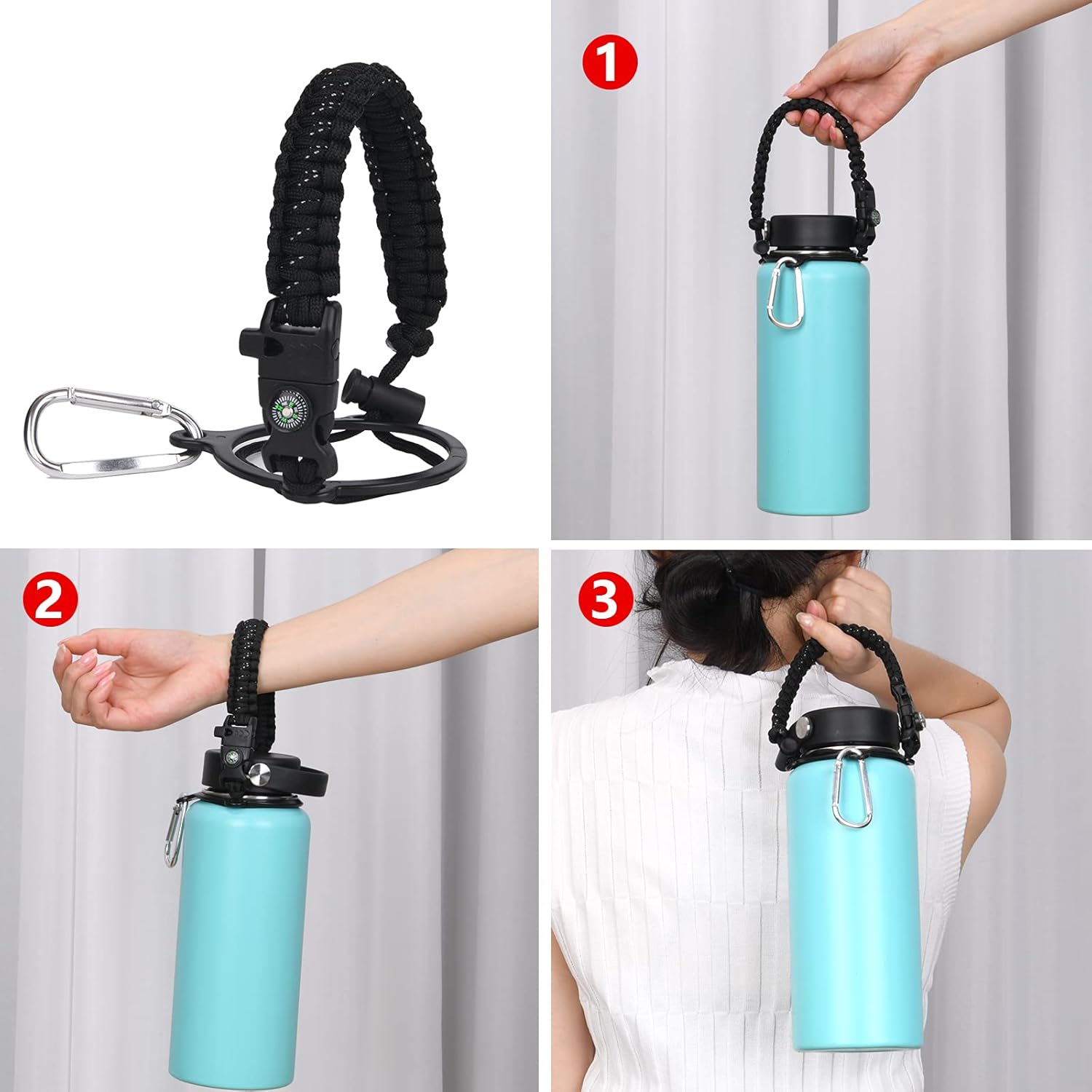 Wongeto Paracord Handle- Survival Strap Cord with Safety Ring and Carabiner - Compatible with Hydro Flask Wide Mouth Water Bottles 12oz - 64 oz Sport Water Bottle Strap Carrier
