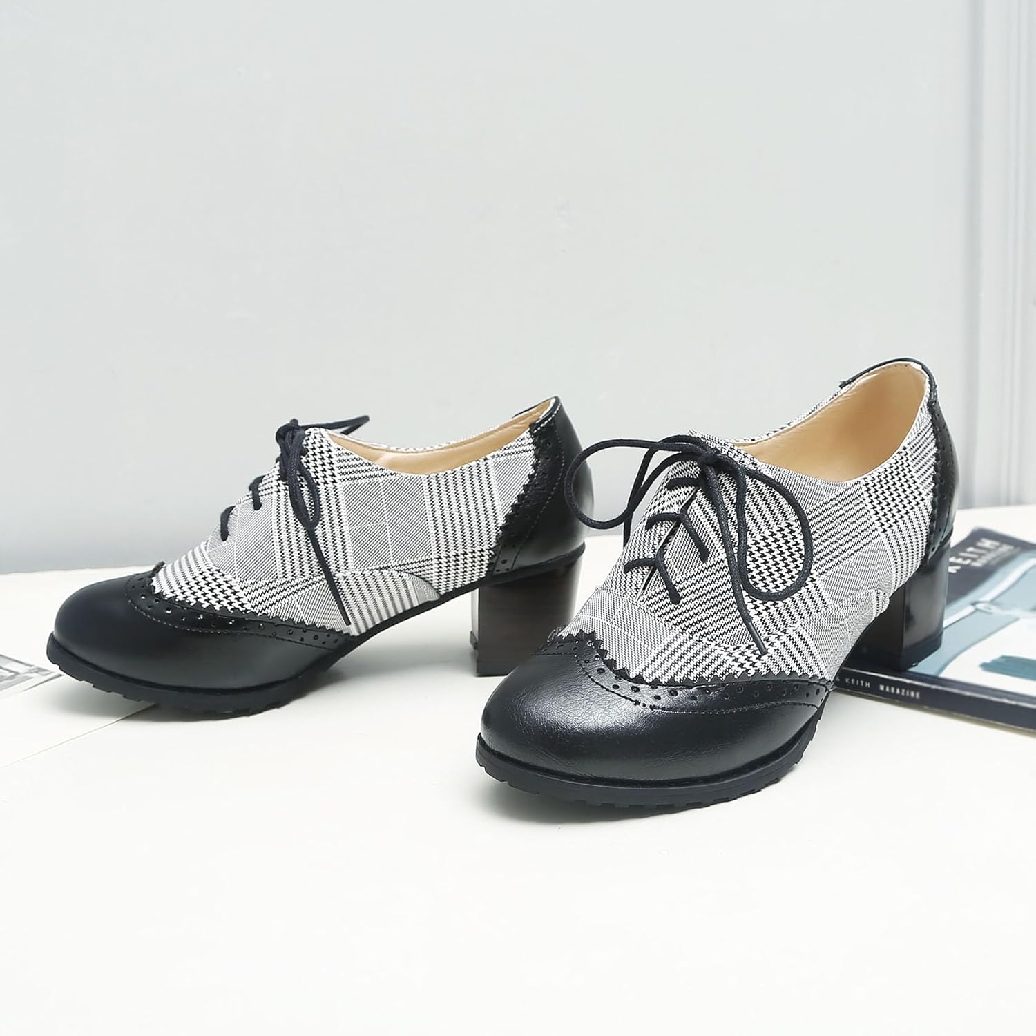 SHEMEE Women's Retro Wingtip Block Heel Lace Up Oxfords Stacked Chunky High Heels Pumps Vintage Round Toe Brogues Dress Shoes - Image 3