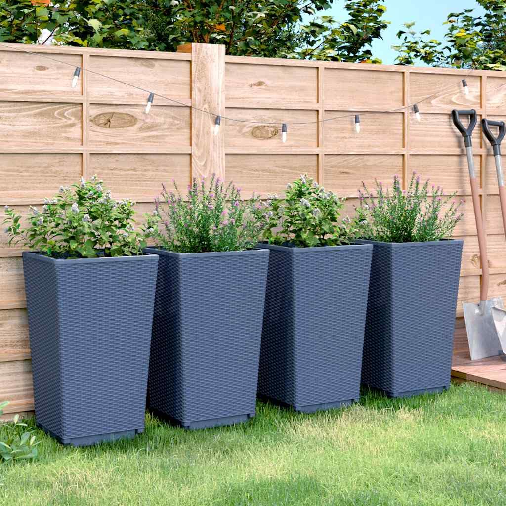 Lot de 4 pots de fleurs gris bleu en polypropylène - 32,5 x 32,5 x 57 cm - Aspect rotin - Pour jardin, terrasse, balcon, herbes, légumes, intérieur et extérieur
