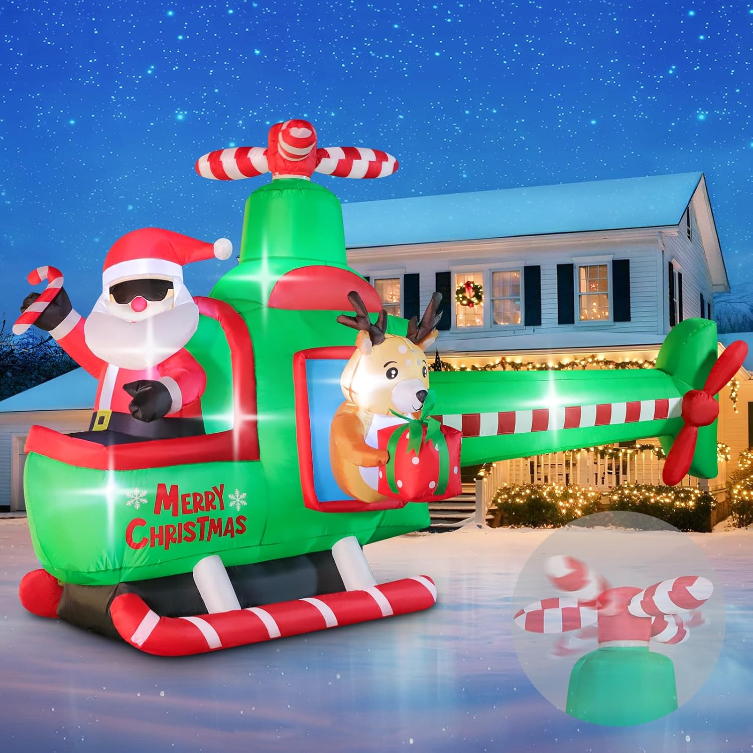 8.5 FT Long Christmas Inflatable Airplane Outdoor Decorations, Blow Up Santa Claus Helicopter with LED Lights, Christmas Santa and Reindeer Flying Airplane for Xmas Decor, Lawn, Yard Holiday Party