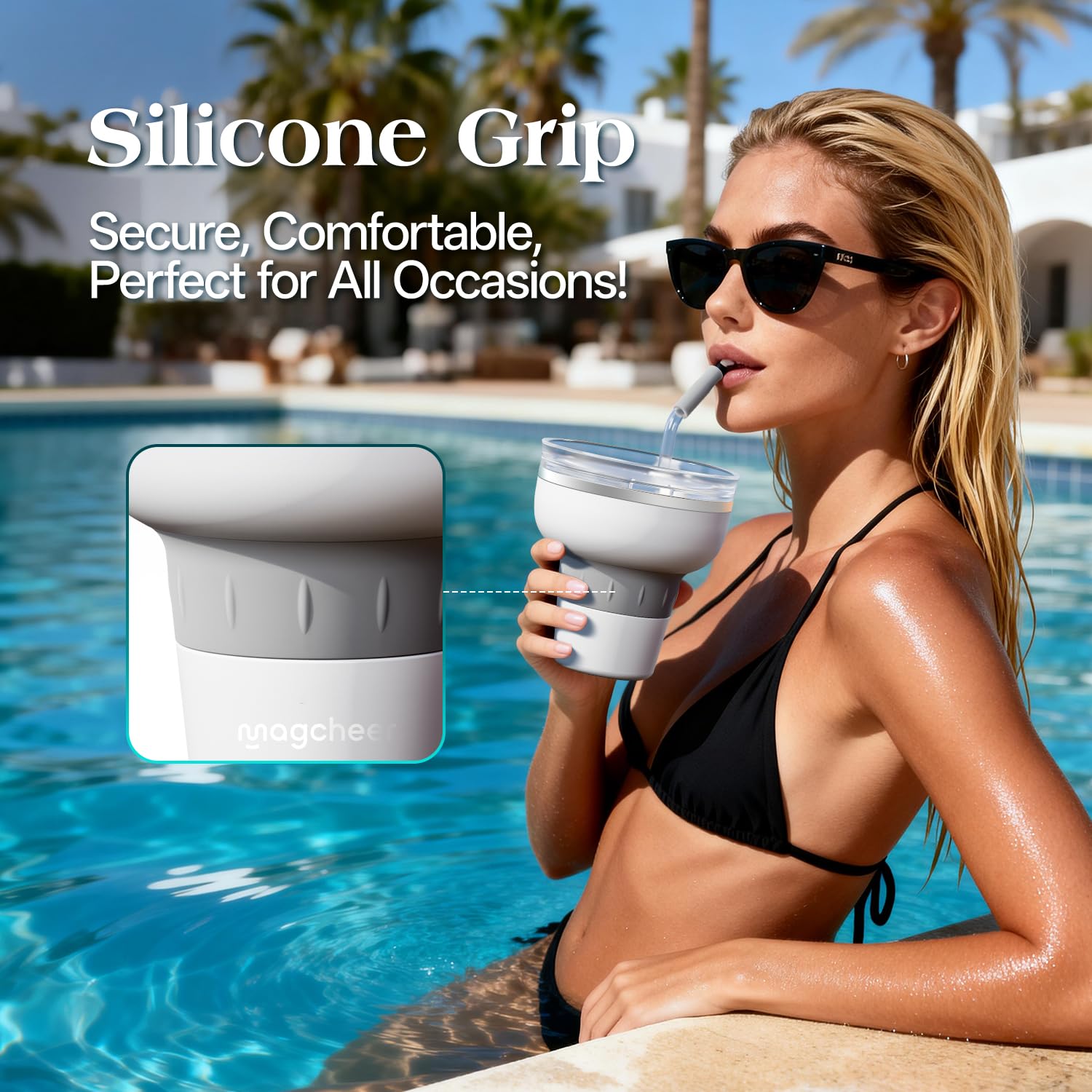 magcheer 500ml Copa Margarita Termica con Tapa y Pajita | Vaso de Cóctel de Acero Inoxidable | Diseño Apilable | Regalo Para Hombre y Mujere | Fiesta de Piscina y Vacaciones (Blanco)