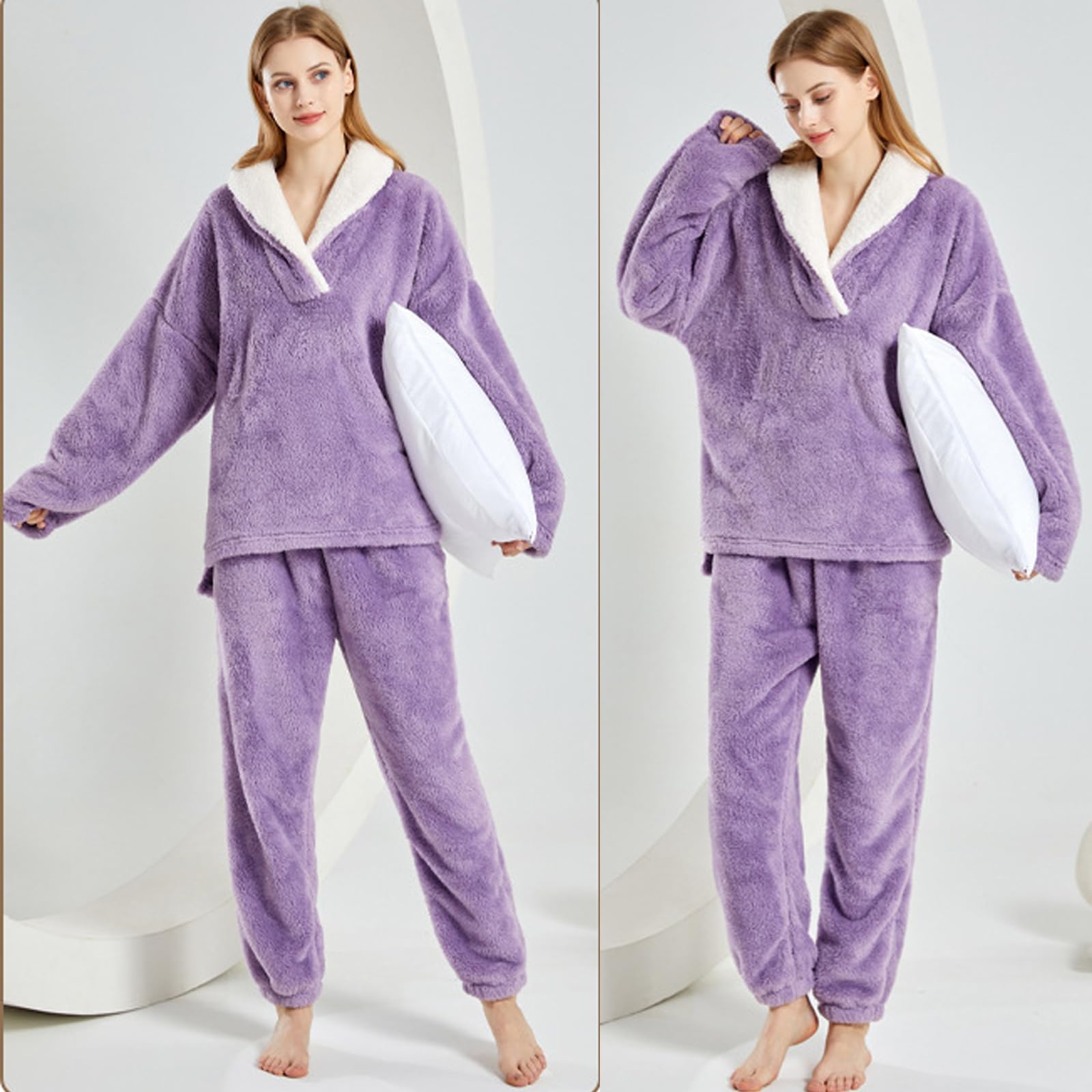 Pyjama chaud en polaire pour femme - 2 pièces - Haut à manches longues et pantalon thermique - Avec poche