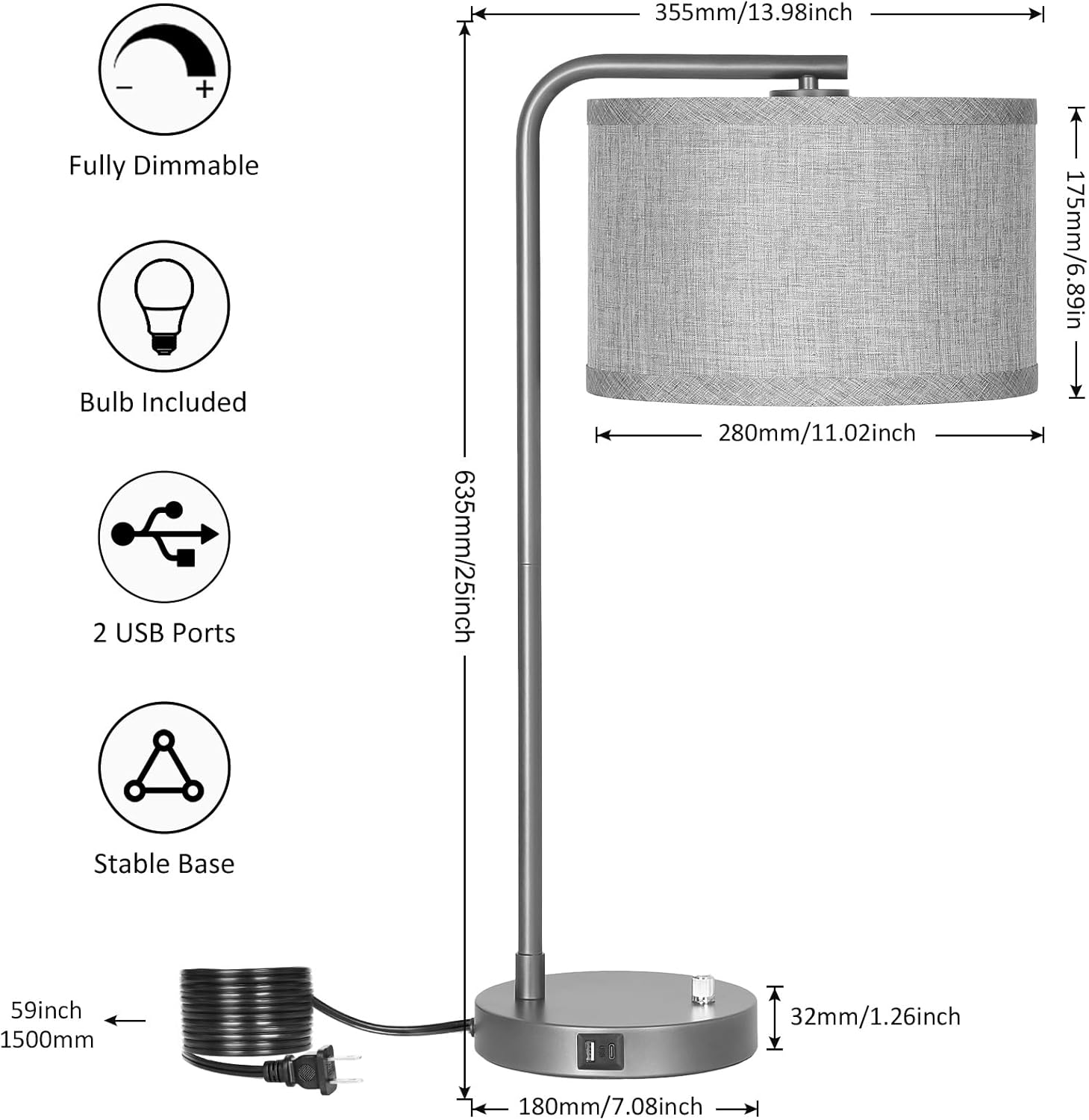 Gray Bedside Lamp with USB C+A Charging Ports, Fully Dimmable Modern Nightstand Lamp with Grey Fabric Shade, Tall Reading Lamp Desk Lamp for Bedroom Living Room Office with 3000K LED Bulb