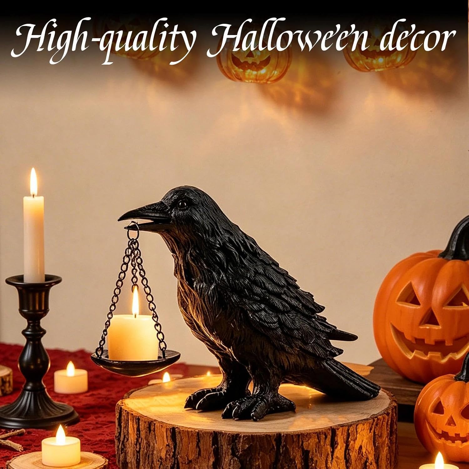Gothic Crow Lamp with Tealight Candle Holder – Resin Raven Decor Statue for Bedroom, Dark Academia, Witchy Home, Goth Gift – Unique Black Bird Decoration (Candle Not Included)