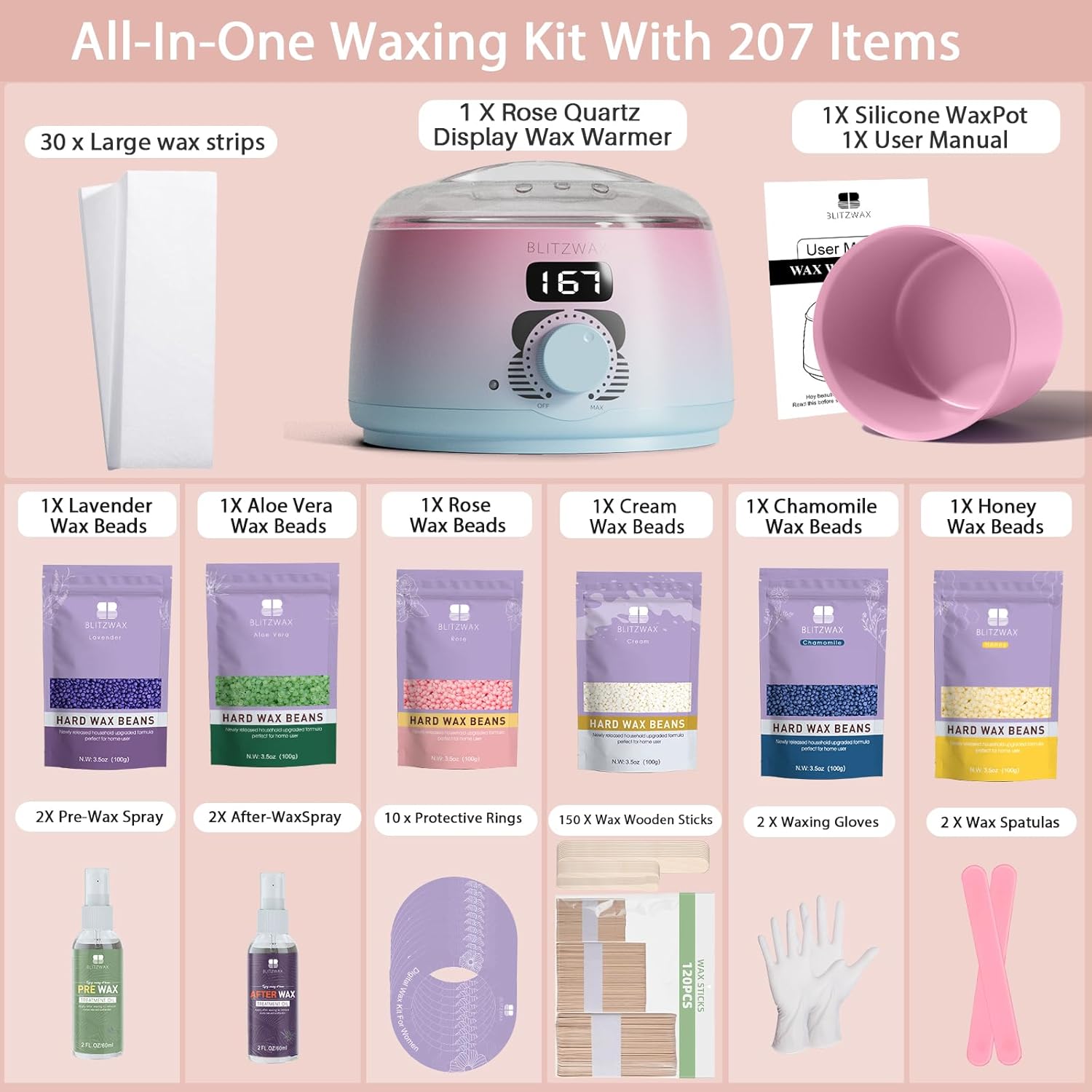 BLITZWAX Brazilian and Bikini Waxing Kit with 120 Wooden Waxing Sticks and 30 Wax Papers, Hard Wax Warmer for Legs and Body, At Home Hair Removal Kit, Beginner Friendly, Pink and Blue Gradient Color
