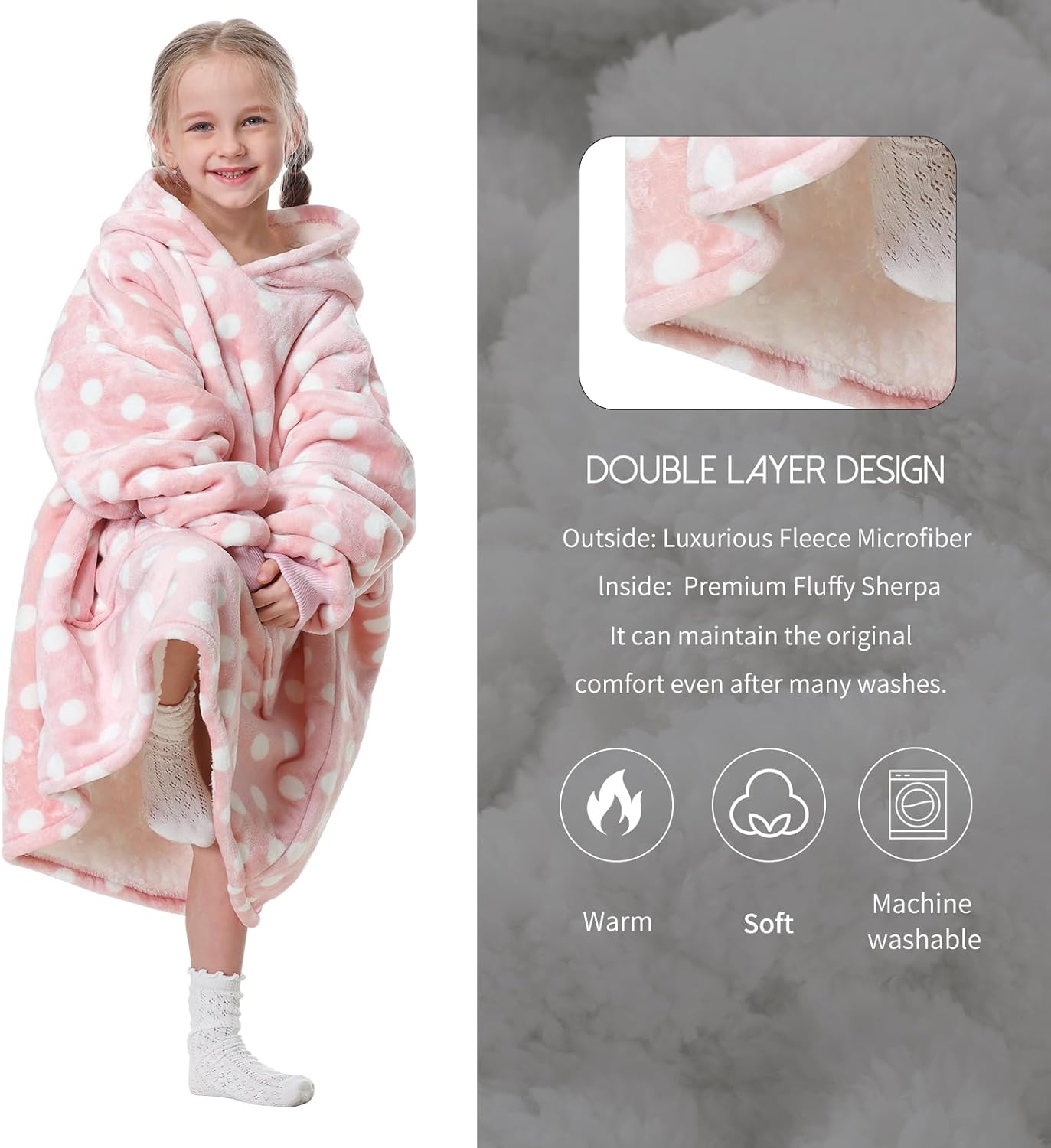 Aemicion Pink Polka Dot Wearable Blanket Hoodie for Girls 6-12, Kids Oversized Hooded Blanket with Sleeves, Soft Fleece & Sherpa Lounge Wear, Cute Birthday Christmas Gifts for Girls