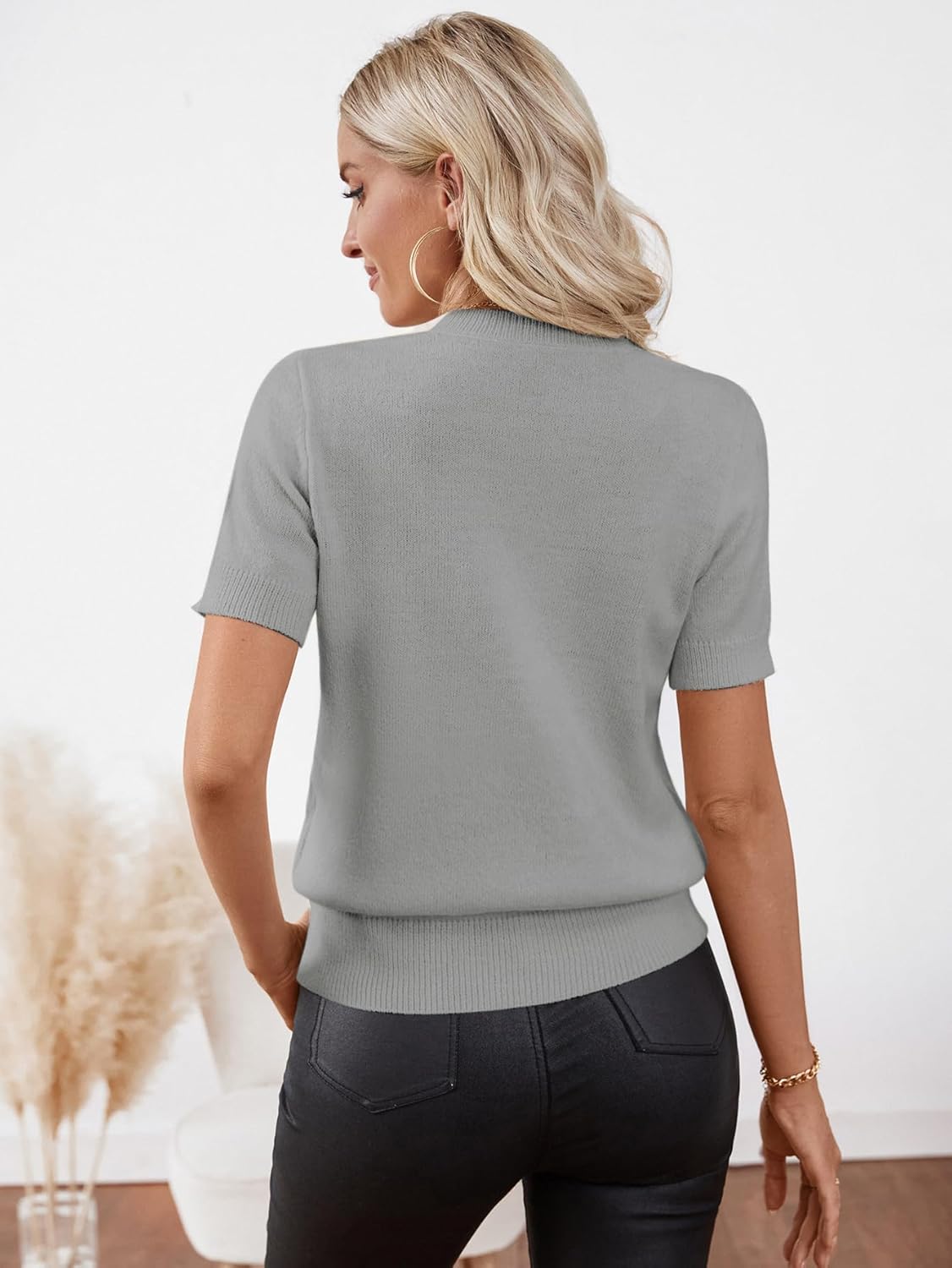 Womens Short Sleeve Sweater Fall 2025 Business Casual Outfits Crewneck Lightweight Thin Sheer Knit T-Shirt Top - Image 4