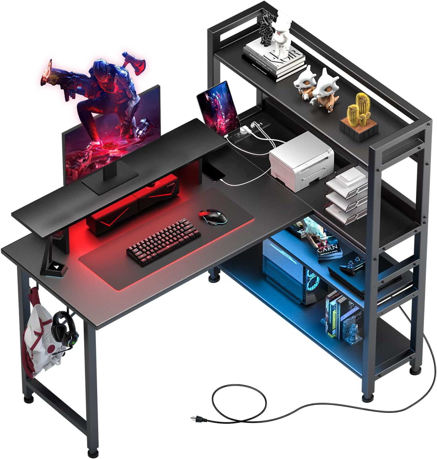 Bureau Gamer Avec Rangements Et LED – 180 Cm, Gris, 1 Tiroir + 1 Porte