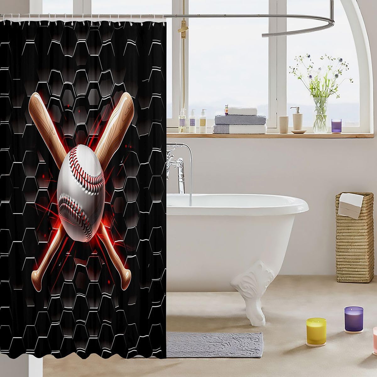 Feelyou Baseball Shower Curtain for Bathroom Sports Gaming Bath Curtain for Stalls Bathtubs Gift for Baseball Lover Bathroom Accessories Softball Waterproof Polyester Fabric with 12 Hooks 72"x78" image 3