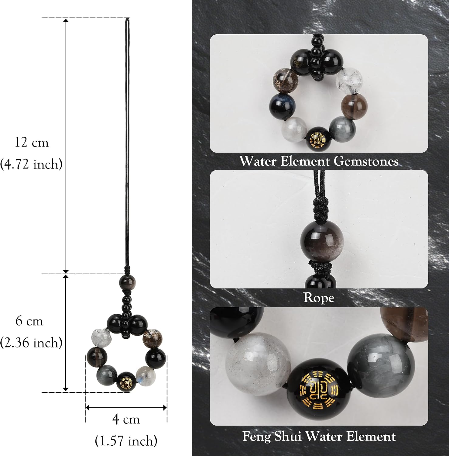 Natural Obsidian Hanging Ornament, Five Elements Water Energy Feng Shui Car Rear View Mirror Pendant, Car Interior Decoration Accessories, Bring Good Luck, Wealth, Healthy image 2