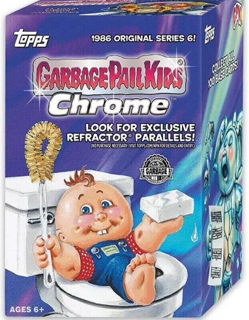 2023 Topps GPK Garbage Pail Kids Chrome Series 6 Factory Sealed Blaster Box with 3 Exclusive Atomic Refractors. 6 packs of 4 Cards. CHROME VERSION OF THE 1986 RELEASE.