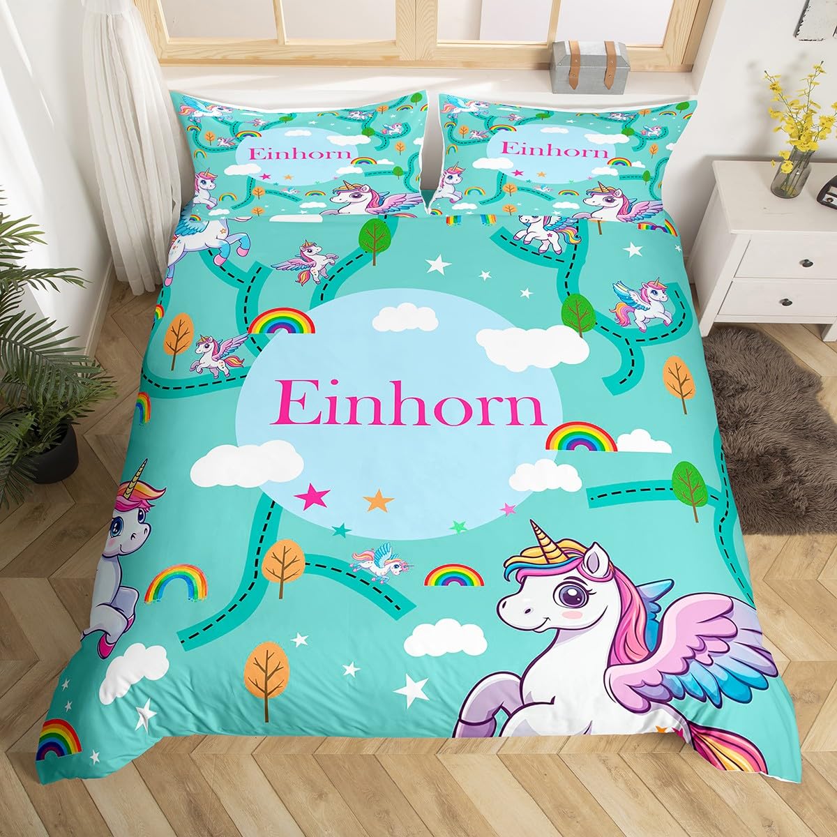 Loussiesd Unicorn Girl Duvet Cover King Horse Magic Printed Bedding Green Children'S Cute Animal Rainbow Bedding Set Soft Microfiber 3-Piece Set — image 1