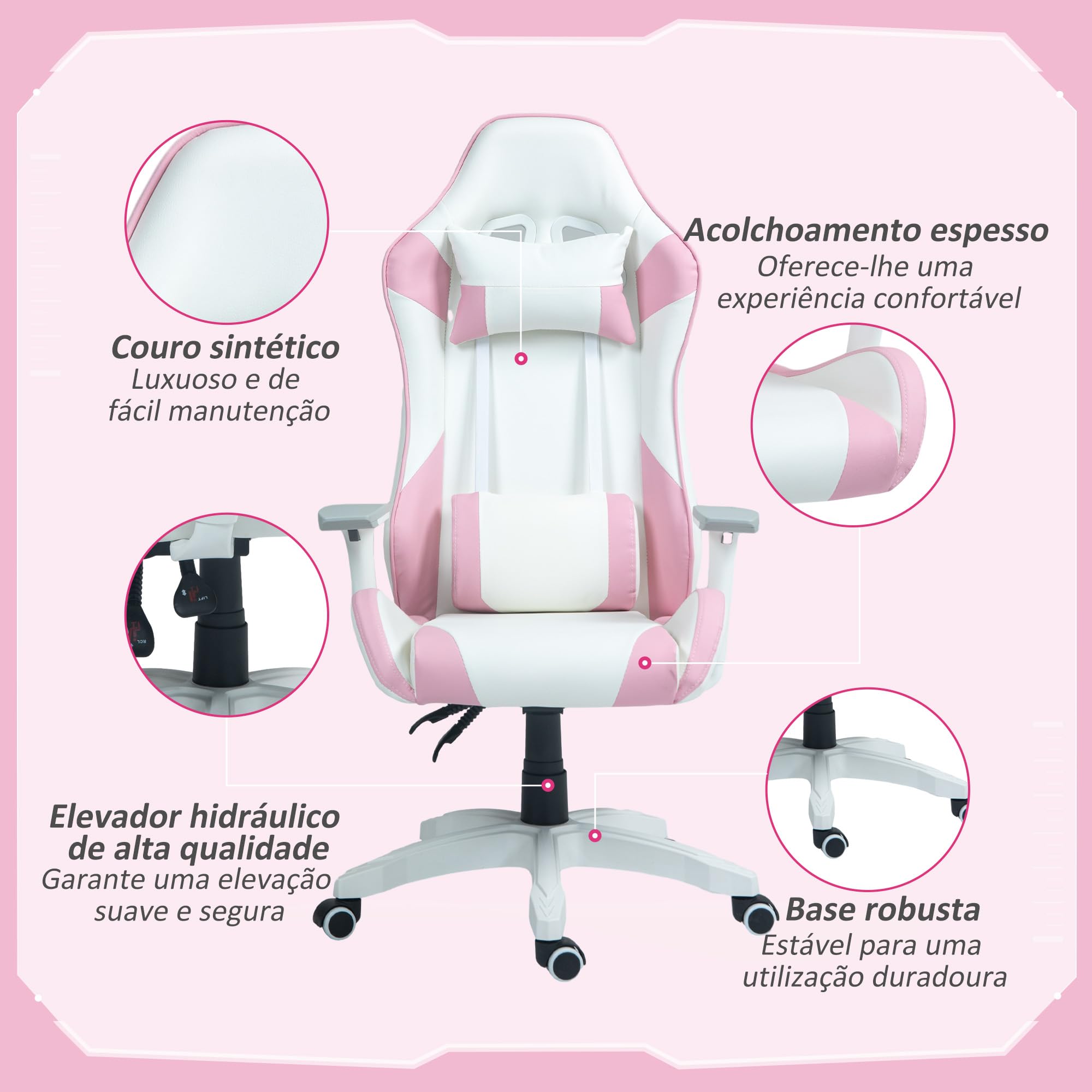 HOMCOM Silla Gaming Reclinable Silla Gamer Giratoria Silla de Oficina Basculante con Cojín Lumbar Reposabrazos 3D Reposacabezas Extraíble y Altura Ajustable 67x60x120-128 cm Blanco y Rosa