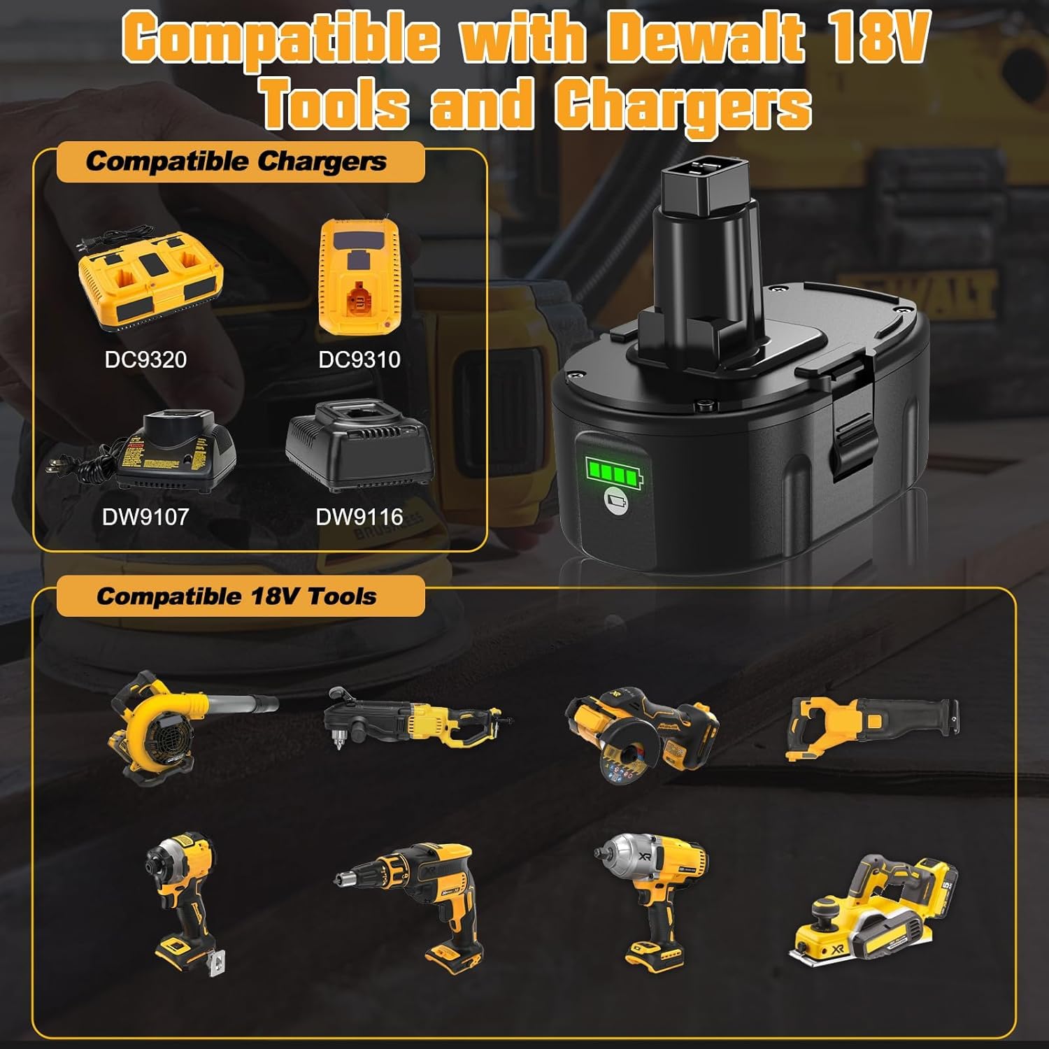 POWTREE 8.0Ah 2packs DC9096 Replacement for Dewalt 18V Battery Lithium-ion Compatible with Dewalt 18V XRP NI-Cad Battery DC9098 DC9182 DC9099 DW9095 DW9096 DW9098 DE9039 DE9096