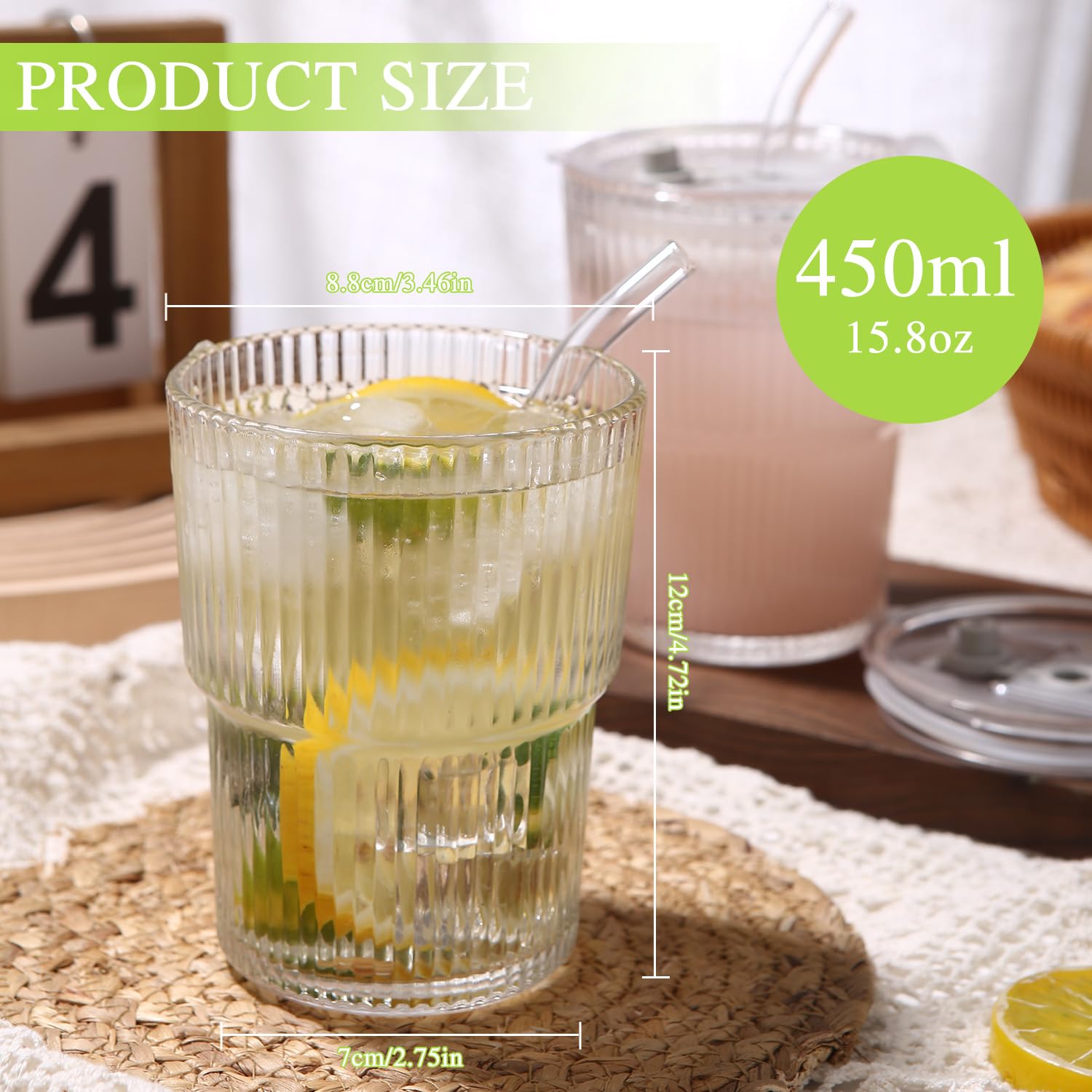 2 Verres Avec Paille & Couvercle Zhufas 450ml - Gobelets Rayés Isothermes