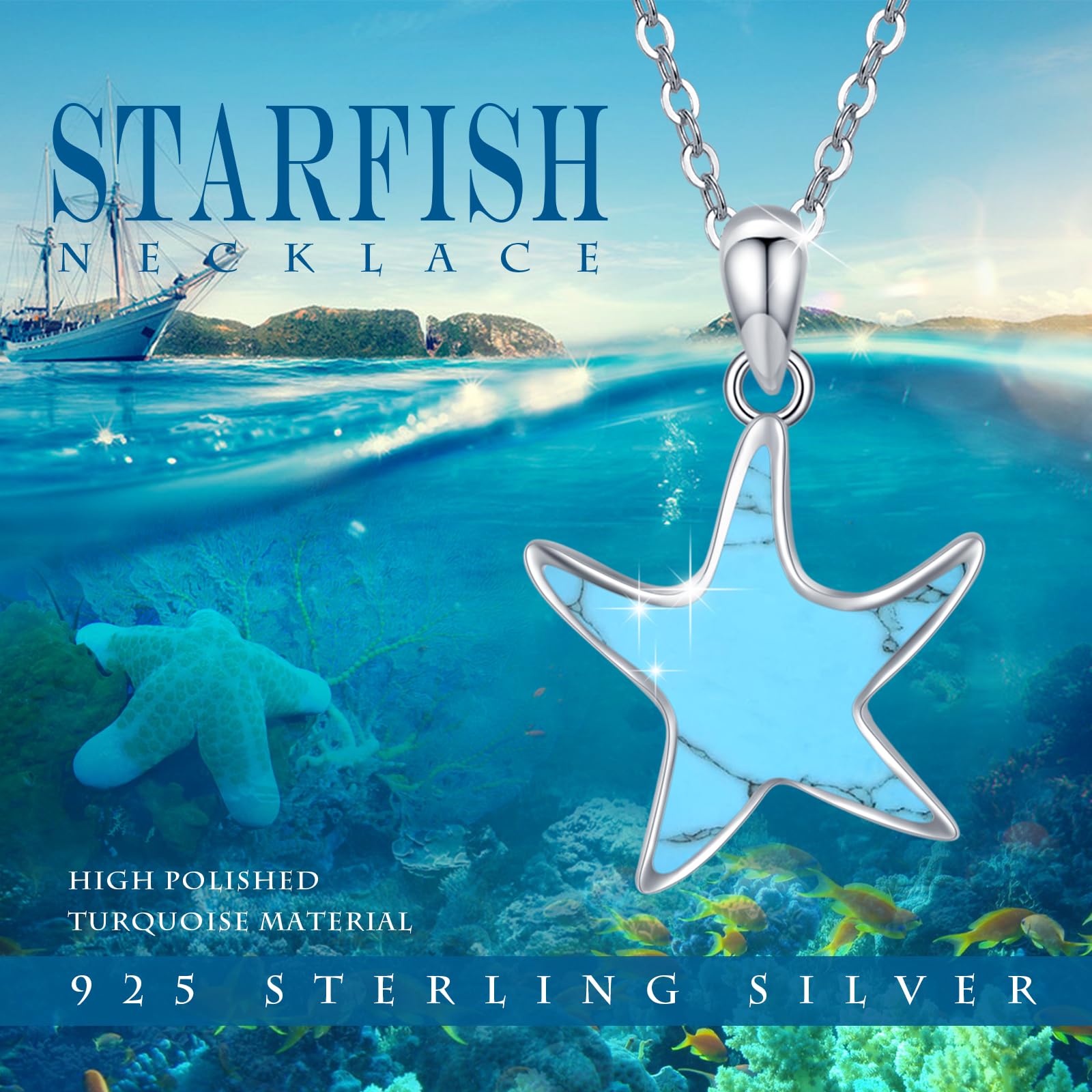Collar de estrella de mar, plata de ley 925, turquesa y estrella de mar, colgante de estrella de mar, regalo para niñas, mujeres, niños, Plata esterlina, Turquesa