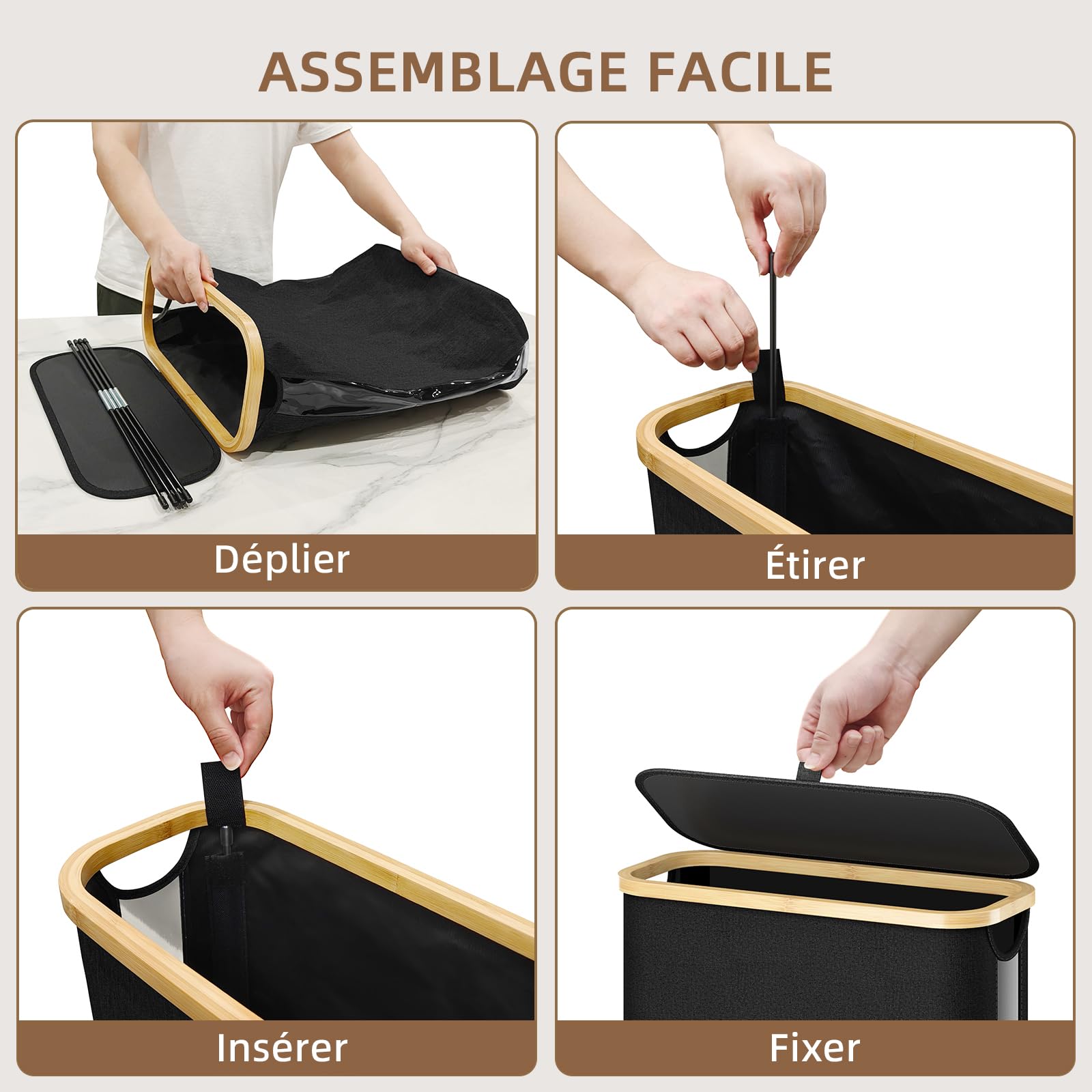 42L Rangement Papier Toilette avec Couvercle et Fenêtre de Visualisation, Toilette en Bambou Imperméable, Rangement Pliable pour Salle de Bain, Space-Saving Collapsible Design Noir