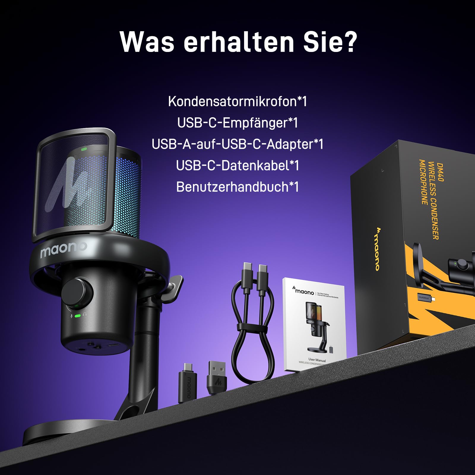 MAONO Mikrofon Kabellos für PC, Mikrofon PC mit Software-KI-Stimmänderung, 3-stufiger Rauschunterdrückung, Benutzerdefiniertem RGB-Licht, Stumm, für Gaming, Podcasting, Streaming, DM40 Pro Schwarz