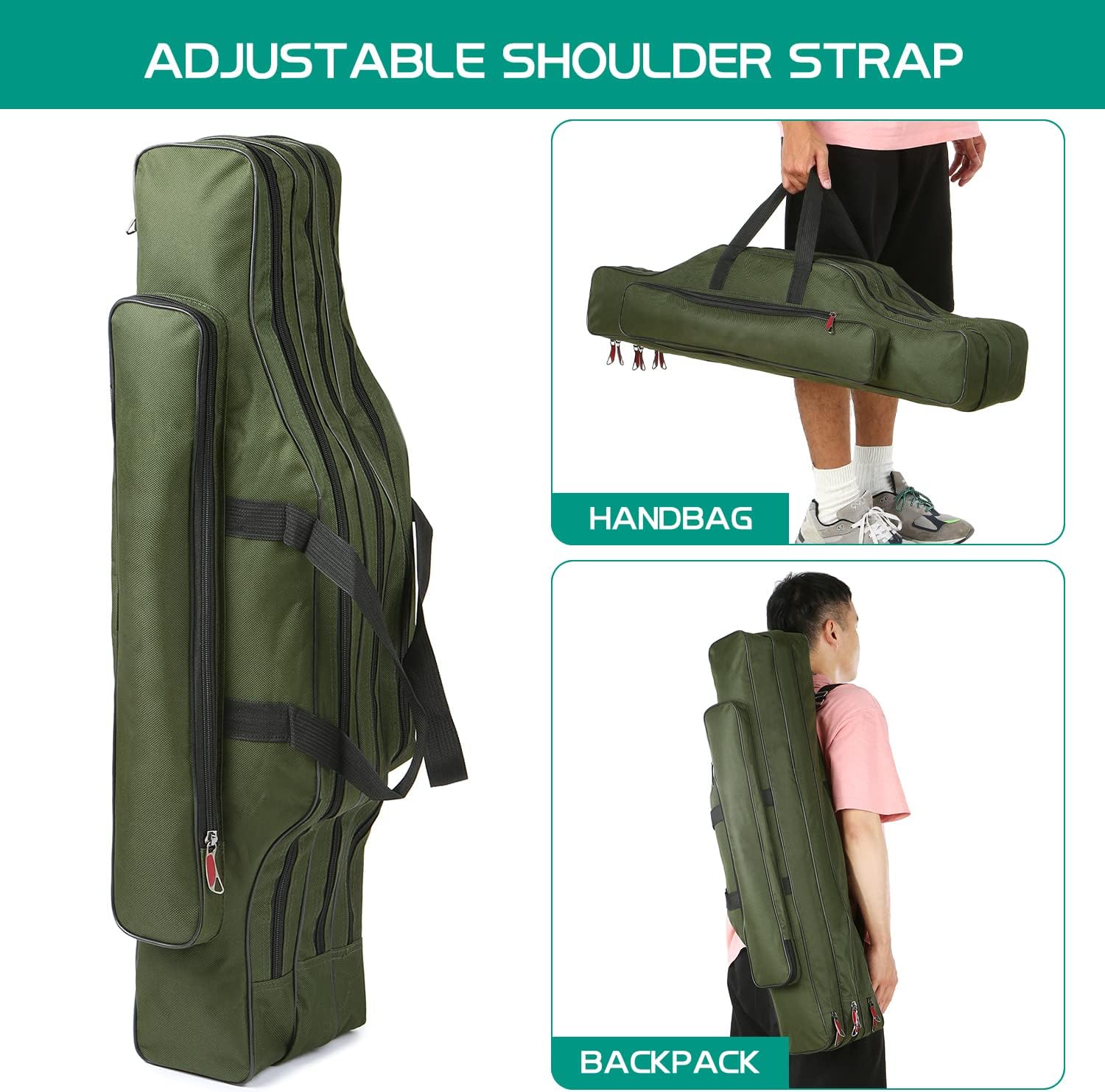 Fishing Rod Case - Three Layer Oxford Portable Folding Pole Bag, Waterproof Tackle Storage, Travel Bags for Camping, Hiking