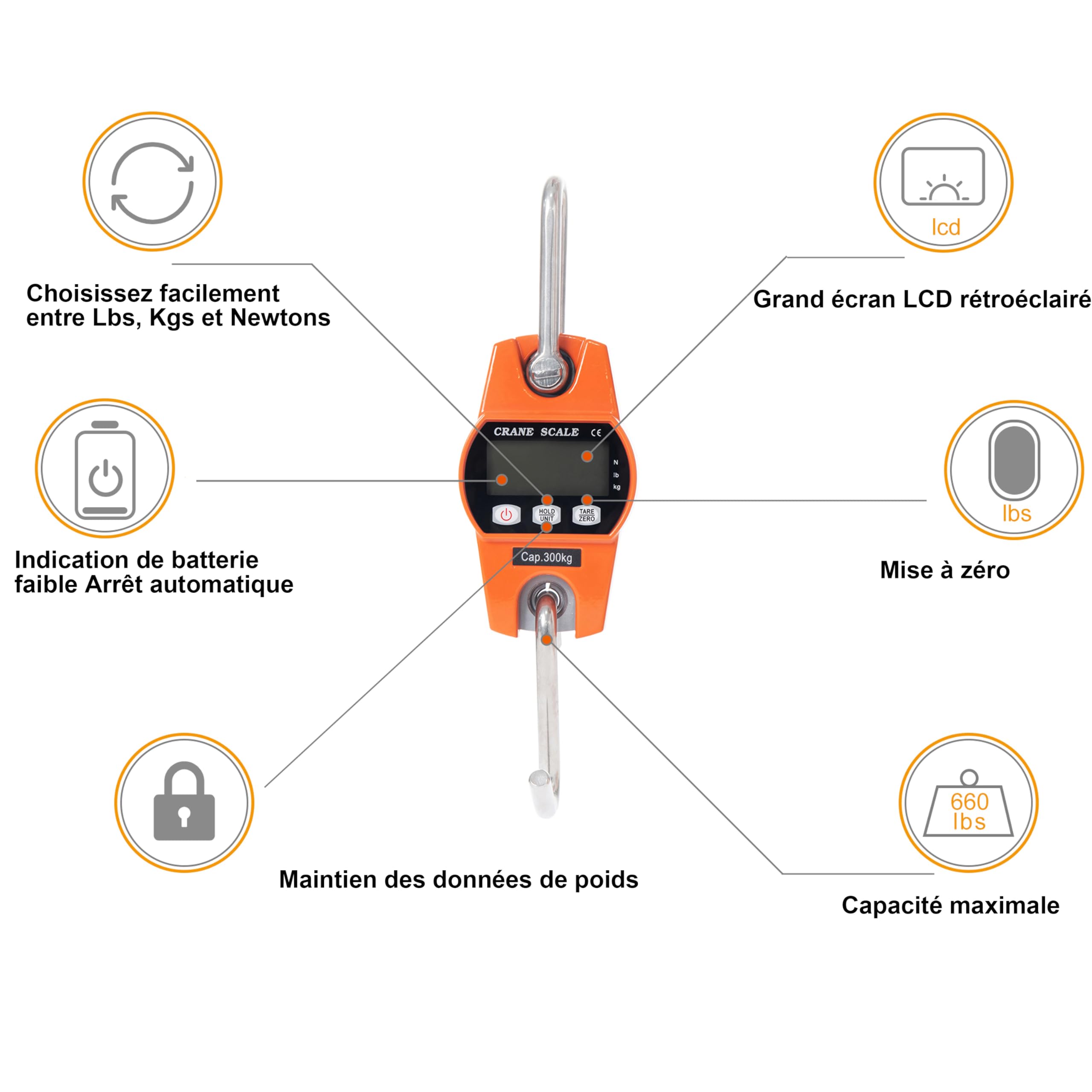 Hyindoor Peson Electronique 300kg Balance Crochet Suspendu Dynamomètre LCD Crochet Peseur Industrielle Pèse Poids 300kg/600lbs