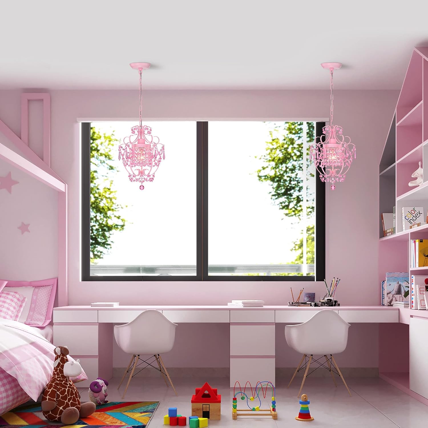 Pink Chandelier for Bedroom, 90% Pre-Assembled 1 Light Small Crystal Chandelier, Mini Acrylic Crystal Ceiling Light Fixture Charming for Girls Room, Closet, Bathroom, Entryway, Dining Room
