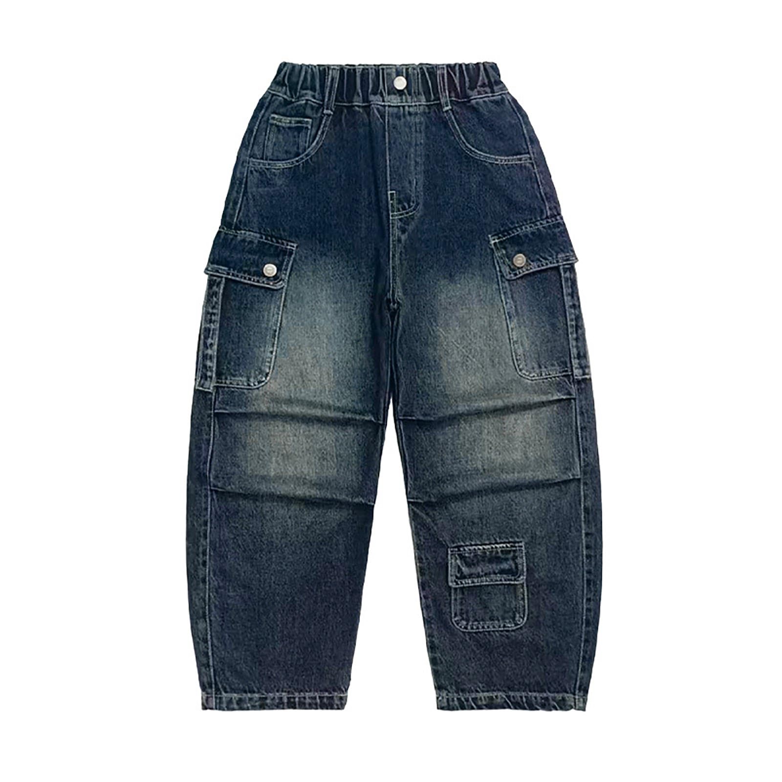 Pantalones Vaqueros Cargo de Pierna Ancha Holgados para Niños Denim con Efecto Lavado Desgastado Multibolsillos Laterales Amplios Urbana Juvenil Paseos y Reuniones Infantiles Disponible en Tallas
