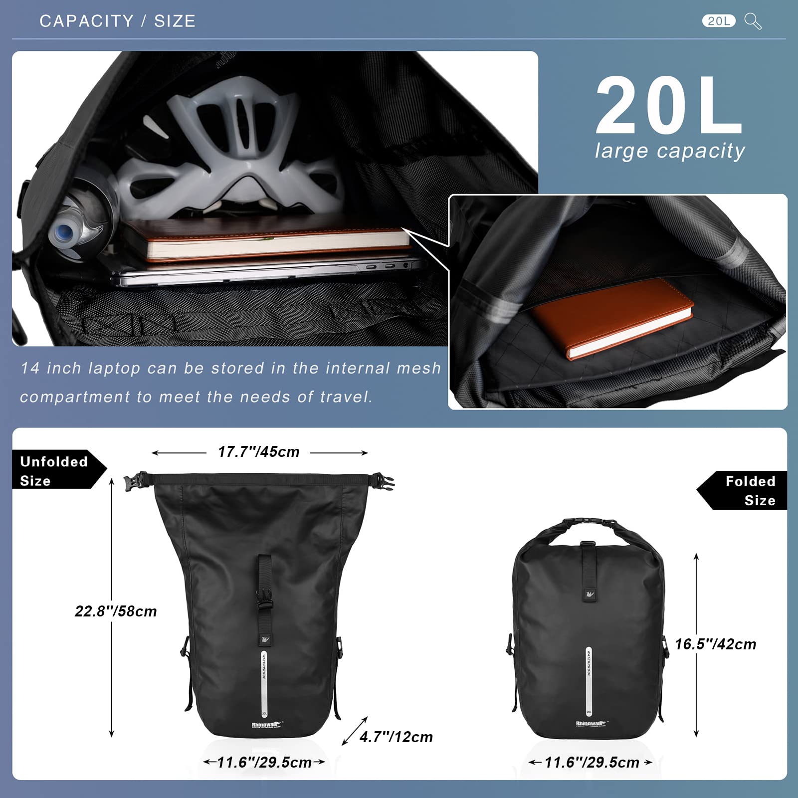 Rhinowalk Sacoche de vélo de 20 L avec housse de pluie - Sacoche arrière pour vélo - Sac de rangement pour ordinateur portable - Sac à dos avec bandoulière