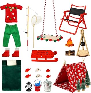 Bbiamsleep 30 Pcs Christmas Elf Fishing Accessories Include Mini Elf Fishing Outfit Camping Accessories for Mini House Decoration