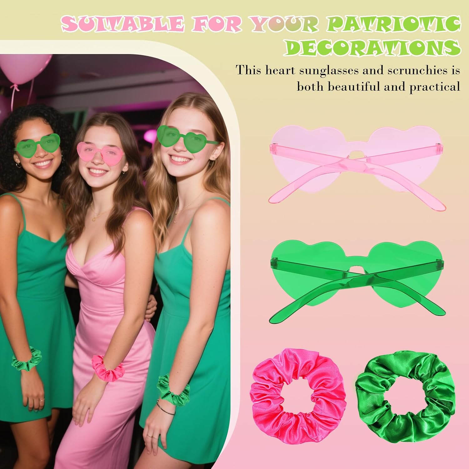 Semato 24 Pcs Witch Party Favors Pink and Green Party Decorations with 12 Pcs Pink and Green Satin Scrunchies and Heart Shaped Sunglasses for Party Supplies