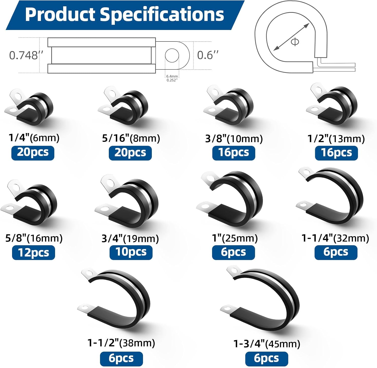 118PCS Cable Clamps Assortment Kit,10 Sizes—1/4" 5/16" 3/8" 1/2" 5/8" 3/4" 1" 1-1/4" 1-1/2" 1-3/4" Stainless Steel Rubber Cushion Insulated Wire Clamps for Hose,Tube,Automotive,Fuel Line