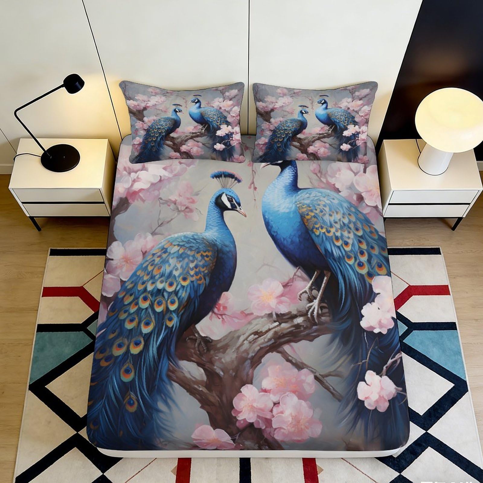 3D Printed Blue Peacock Fitted Sheet Microfiber Soft Bedroom Decor Pink Blossom Mattress Cover for Home Guest Room 90x200x25cm