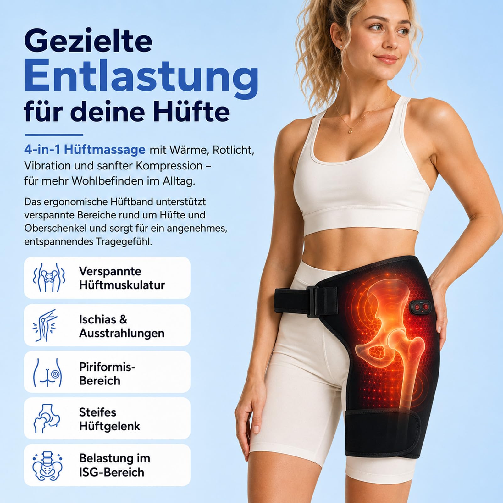 Hipora 4-in-1 Hüftmassager - Mit Wärmefunktion, 4 Massageköpfen