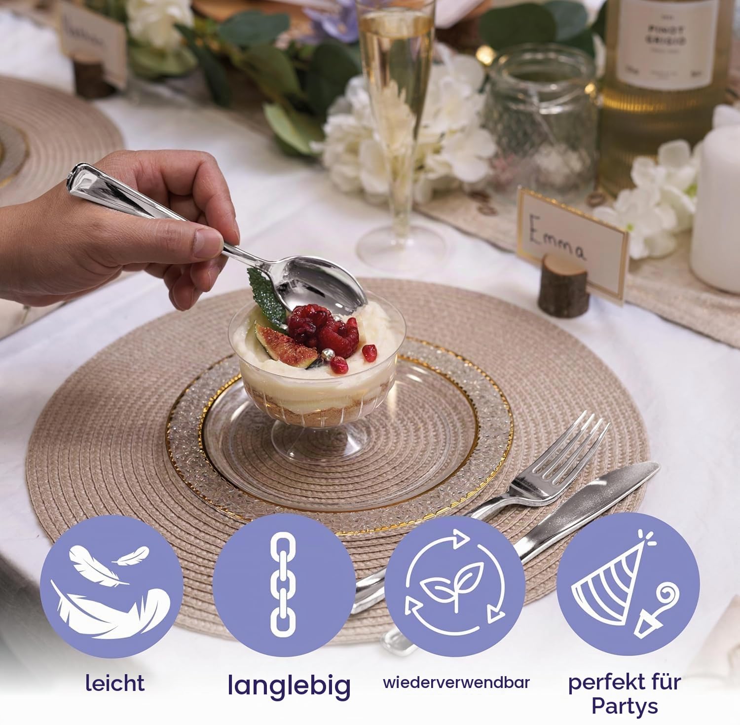 MATANA 360-teiliges wiederverwendbares Silber-Kunststoffbesteck – Messer, Gabeln & Löffel – Handwäsche & Wiederverwendung – BPA-frei – Für Hochzeiten, Geburtstage & Events