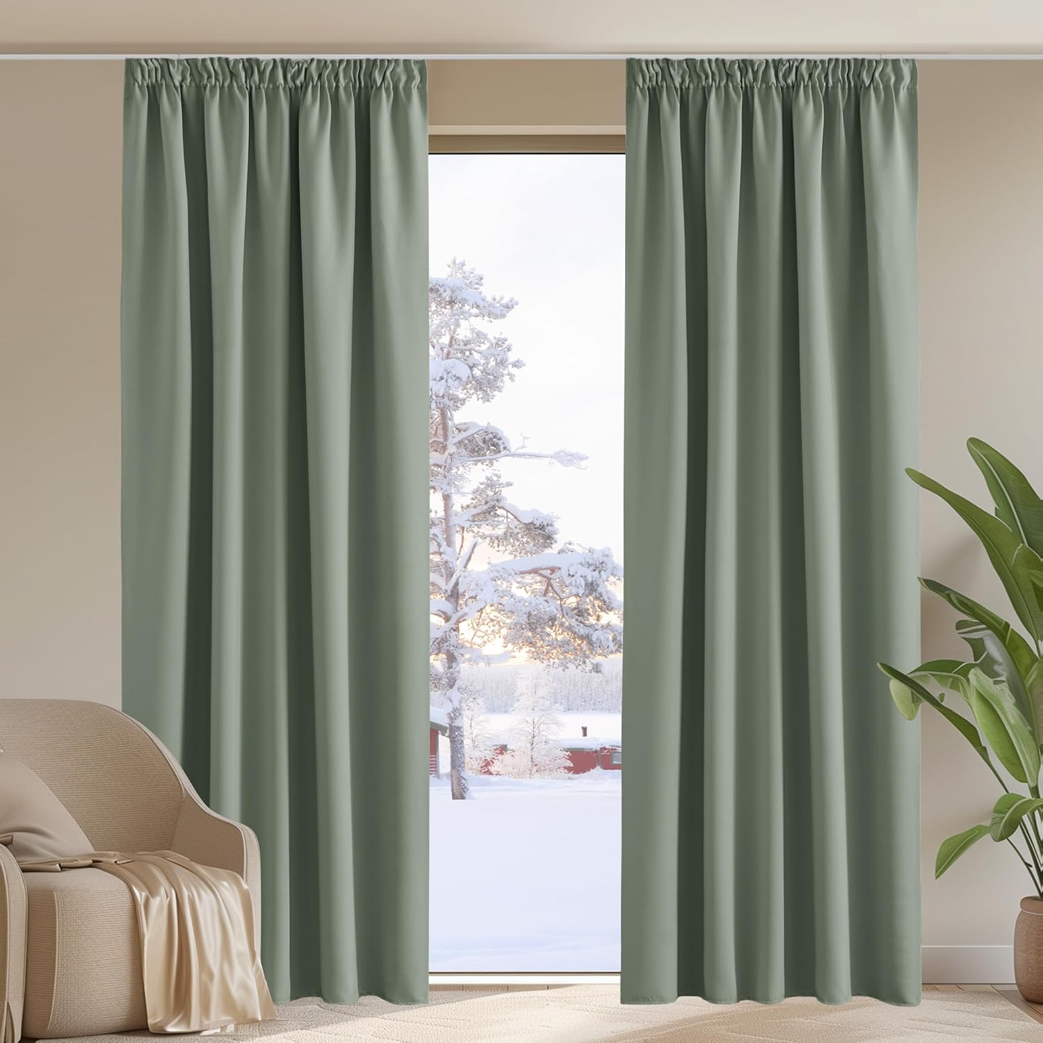 PONY DANCE Bedroom Blackout Thermal Curtains W66 X L90 – Extra Long Pencil Pleat Curtains Noise Reducing Drapes Home Decor Protection for Bedroom Living Room, 2 Panels, Sage Green