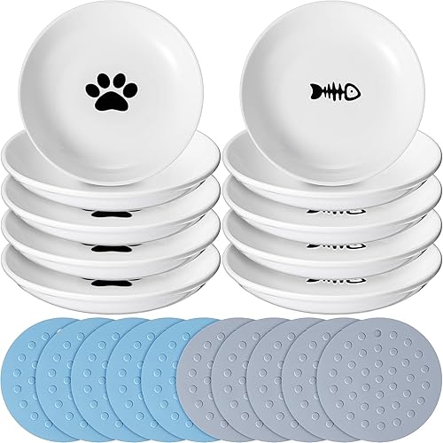 Sanwuta Paquete de 10 cuencos de cerámica para gatos con 10 tapetes antideslizantes, platos poco profundos para gatos, platos anchos para comida