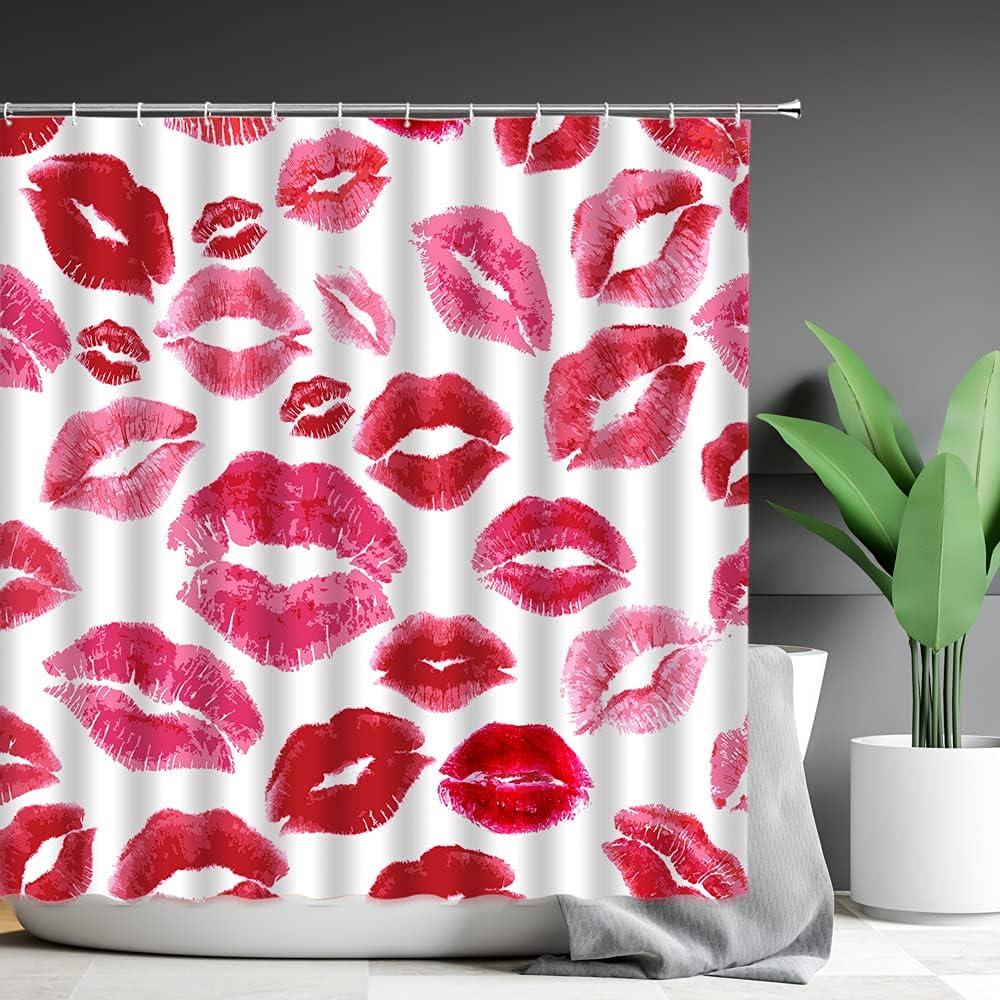 Lips Shower Curtain Modern Fashion Woman Lipstick Kiss Romantic Modern Valentine Love Polyester Bathroom Curtains Decor with Hooks