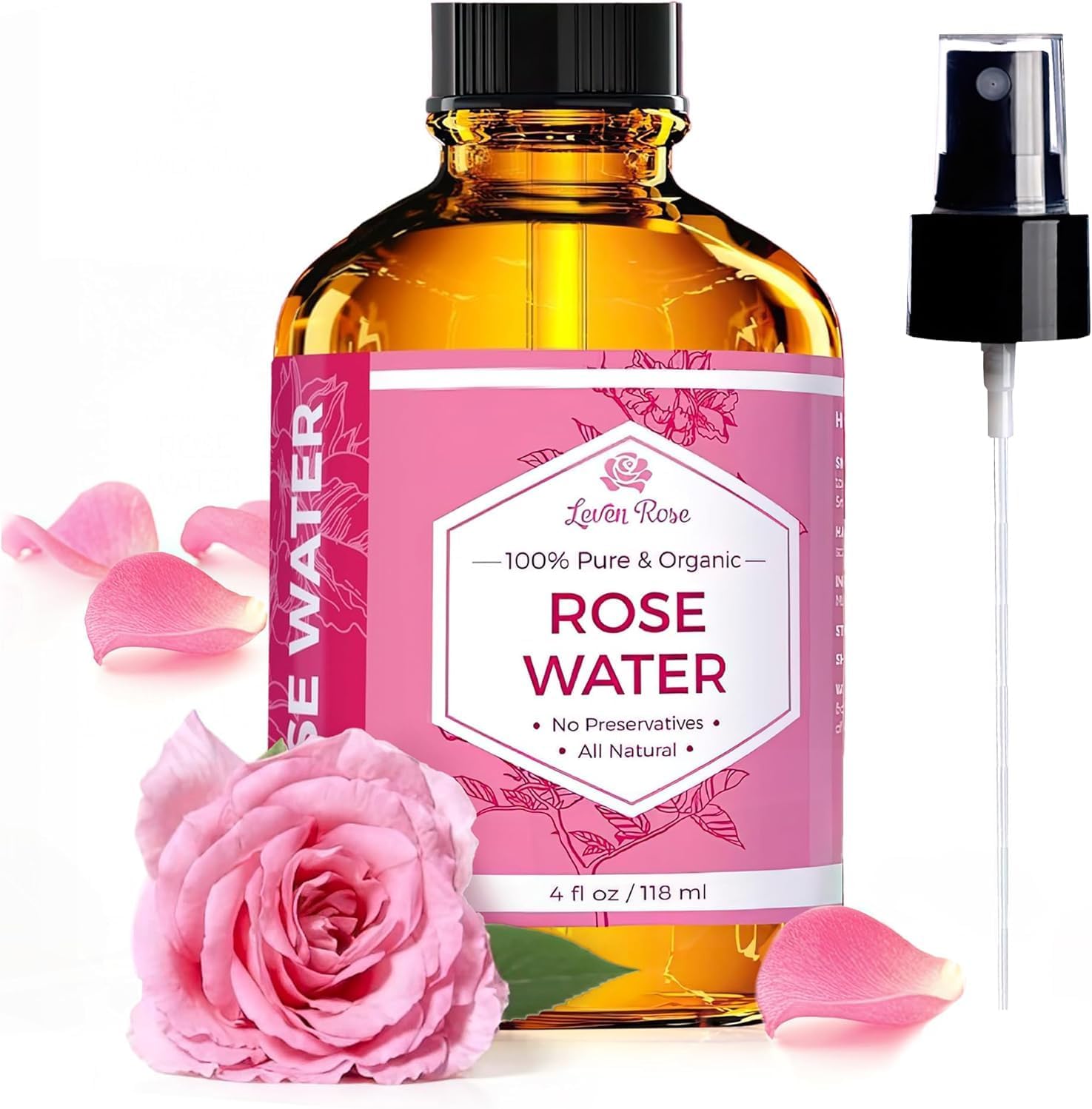 Pure Rose Water Spray for Face, Hair & Body - Hydrating Rosewater Toner & Facial Mist, Natural Moroccan Rosa Damascena, 4 oz