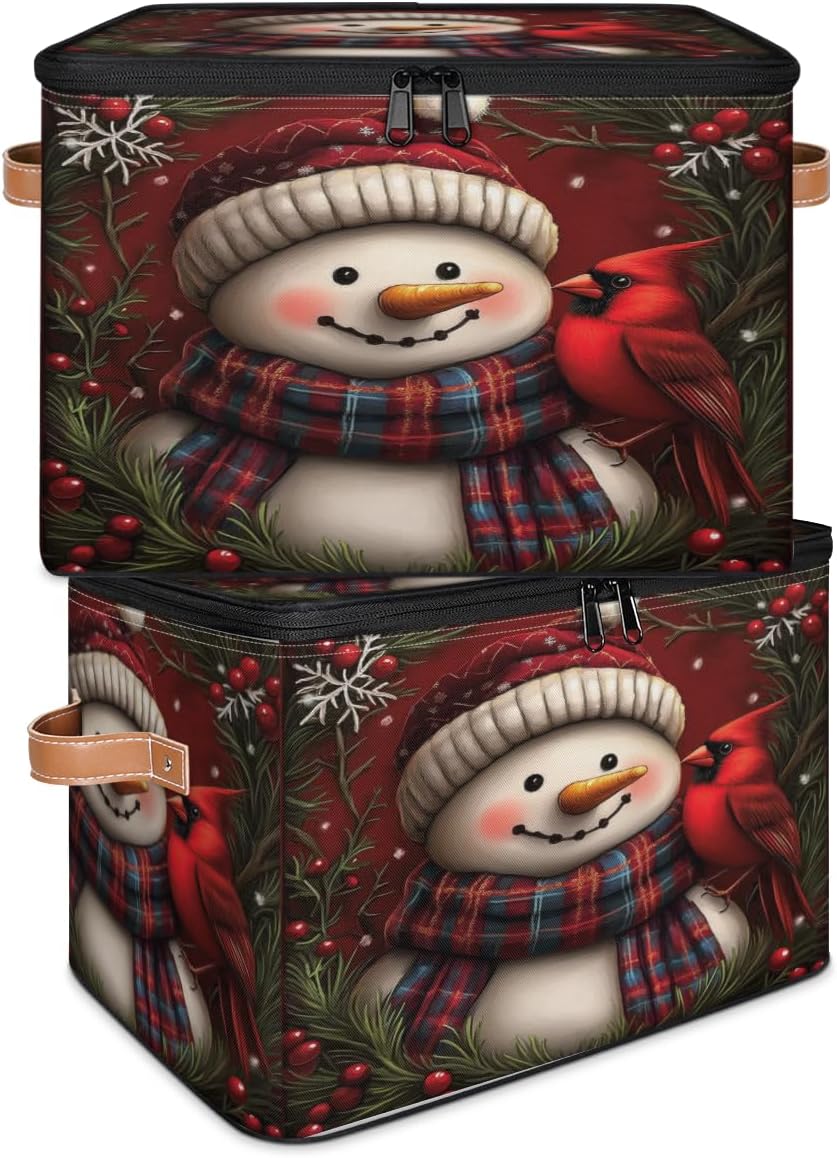 Storage Bin Set of 2 Winter Christmas Bird Snowman Storage Basket with Zipper Lid & Handle Foldable Closet Shelf 2 Pack Cloth Organizer Basket Cube Bins for Bedroom, Nursery