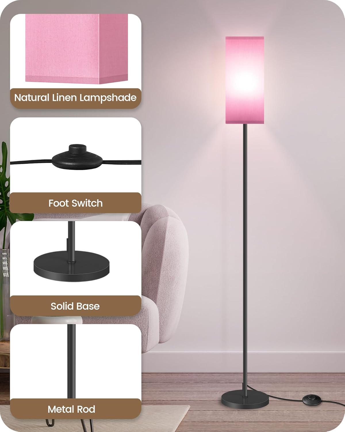 Floor Lamp, Pole with Foot Switch, Modern Standing Lamp Shade, Minimalist Freestanding Lamp (Bulb Not Included), for Living Room, Bedroom Office ETL Listed, Black and Pink P07LD05