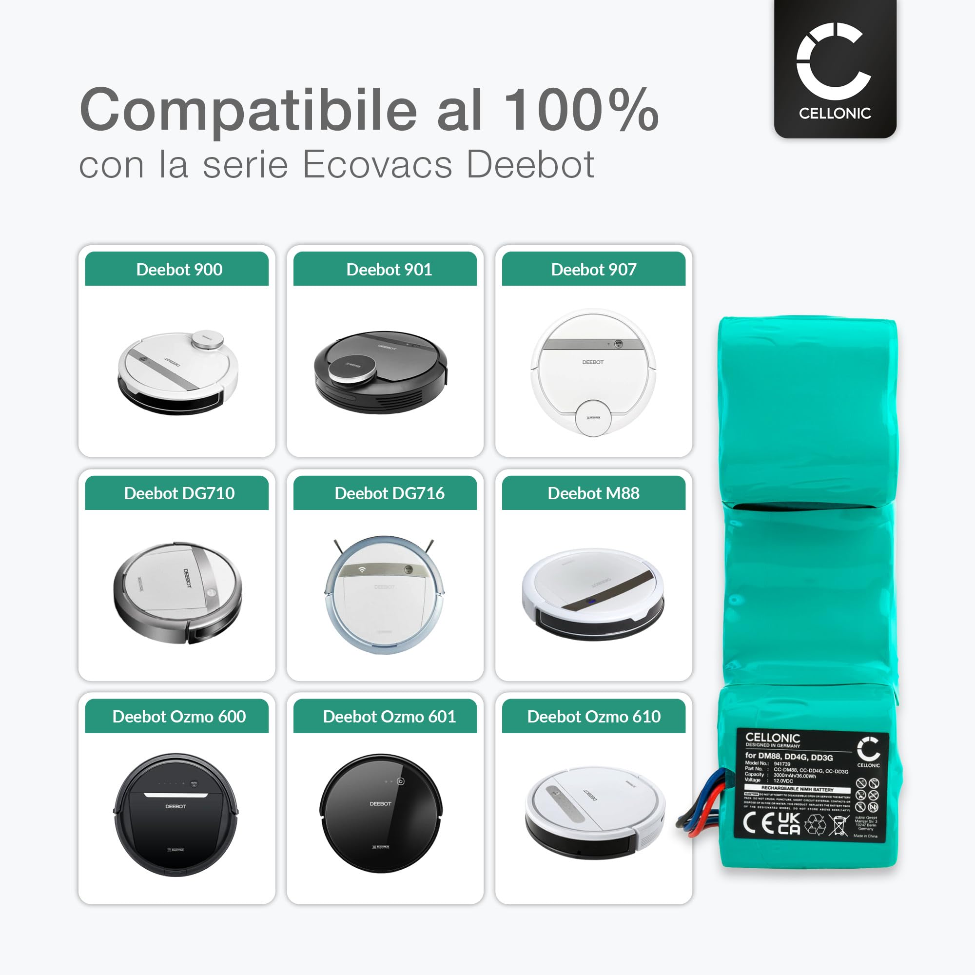 CELLONIC Bateria kompatybilna z ECOVACS Deebot 900, D900, 901, M88, D901, DG710, 907, DG716, ECOVACS OZMO 610, DD35 3000mAh