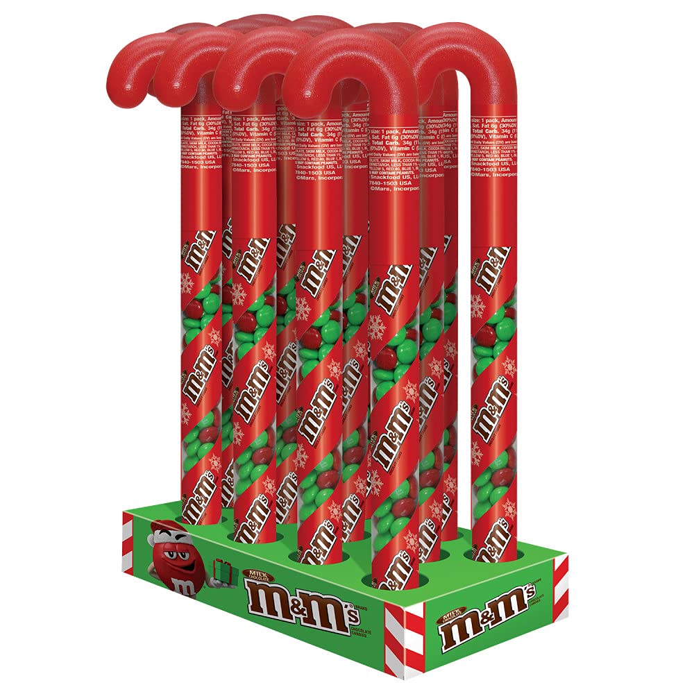M&M'S Christmas Stocking Stuffer Milk Chocolate Candy, 3 oz Candy Cane Tube Pack of 12
