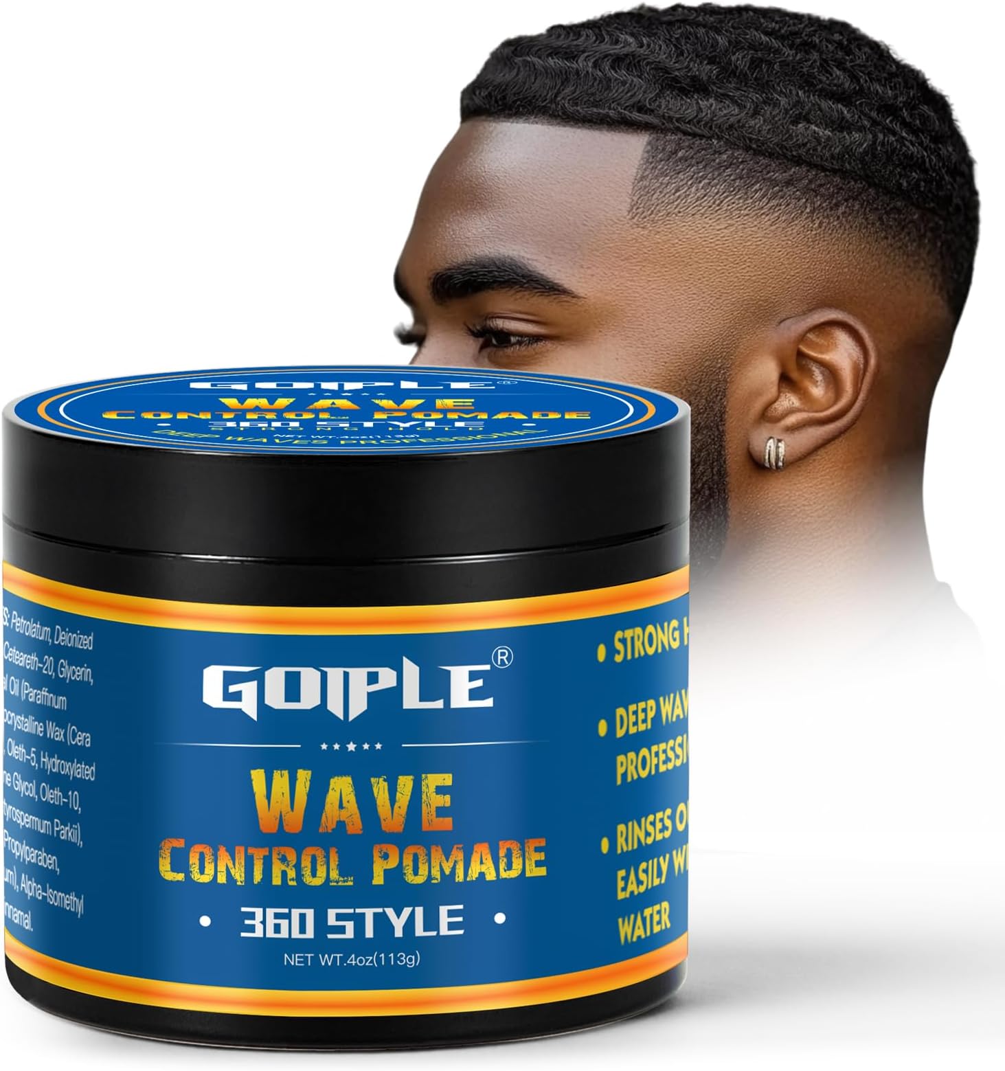 Goiple Natural Wave Pomade Strong Hold Easy Wash 360 Wave Training Hair Cream, Waves Grease for Men Water-Based Hair Cream for Wave, Moisture, Control and Silky Shine, Wave Pomade for Black Men 4oz