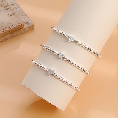 Miniatura 3 de Pulseras de oro para mujer, chapados en oro de 14 quilates, con cuentas de corazón con letras de corazón, pulsera elástica con iniciales doradas,