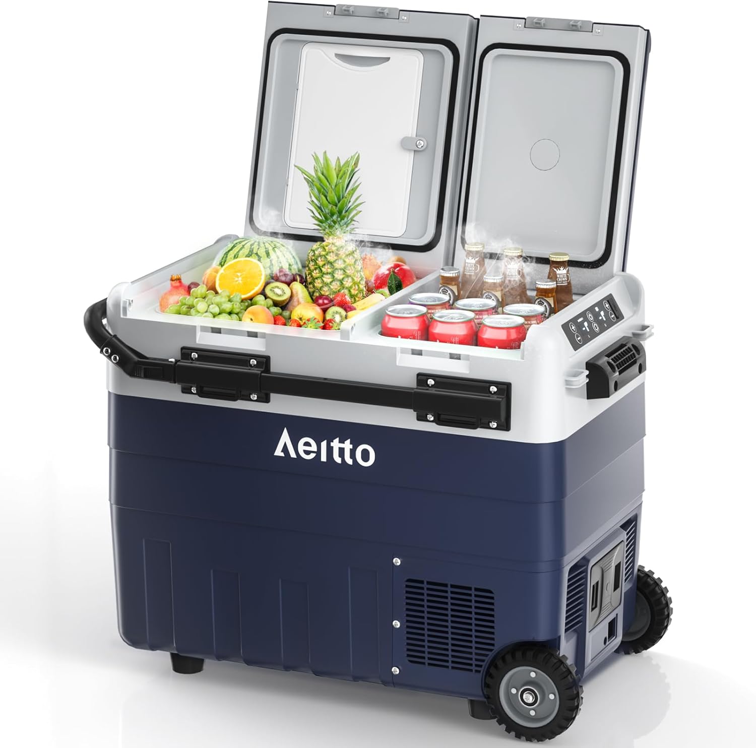 Aeitto 12V Car Refrigerator, 52QT(50L) Dual Zone Portable Dual Temp Control Car Fridge Freezer -4?-68? Electric Compressor Cooler with Wheel Cooling Freezing for Travel, Camping, RV, Road, Home, Car Blue 52 QT