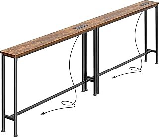 SUPERJARE 5.9 Inch Narrow Console Table with Outlet, Sofa Table Set of 2, Total Length 78'', Behind Couch Table, Long Entryway Tables with Charging Station, for Living Room, Rusitc Brown