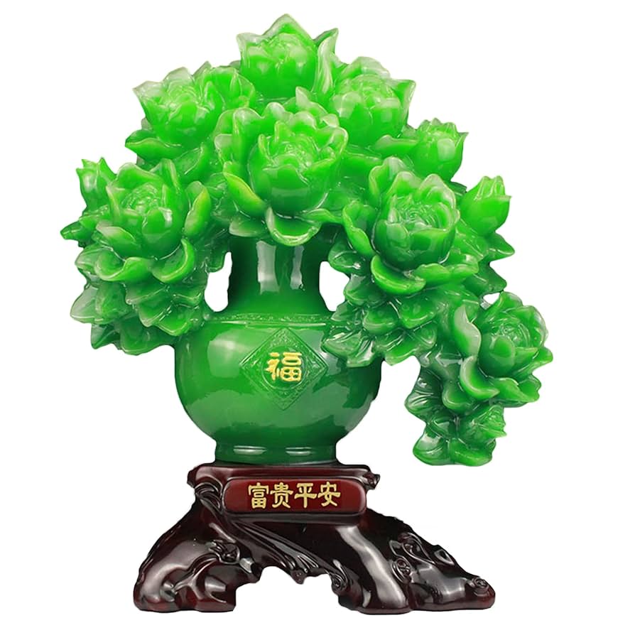 Amazon.co.jp: 風水金のなる木緑色の牡丹の花の像は富と幸運を