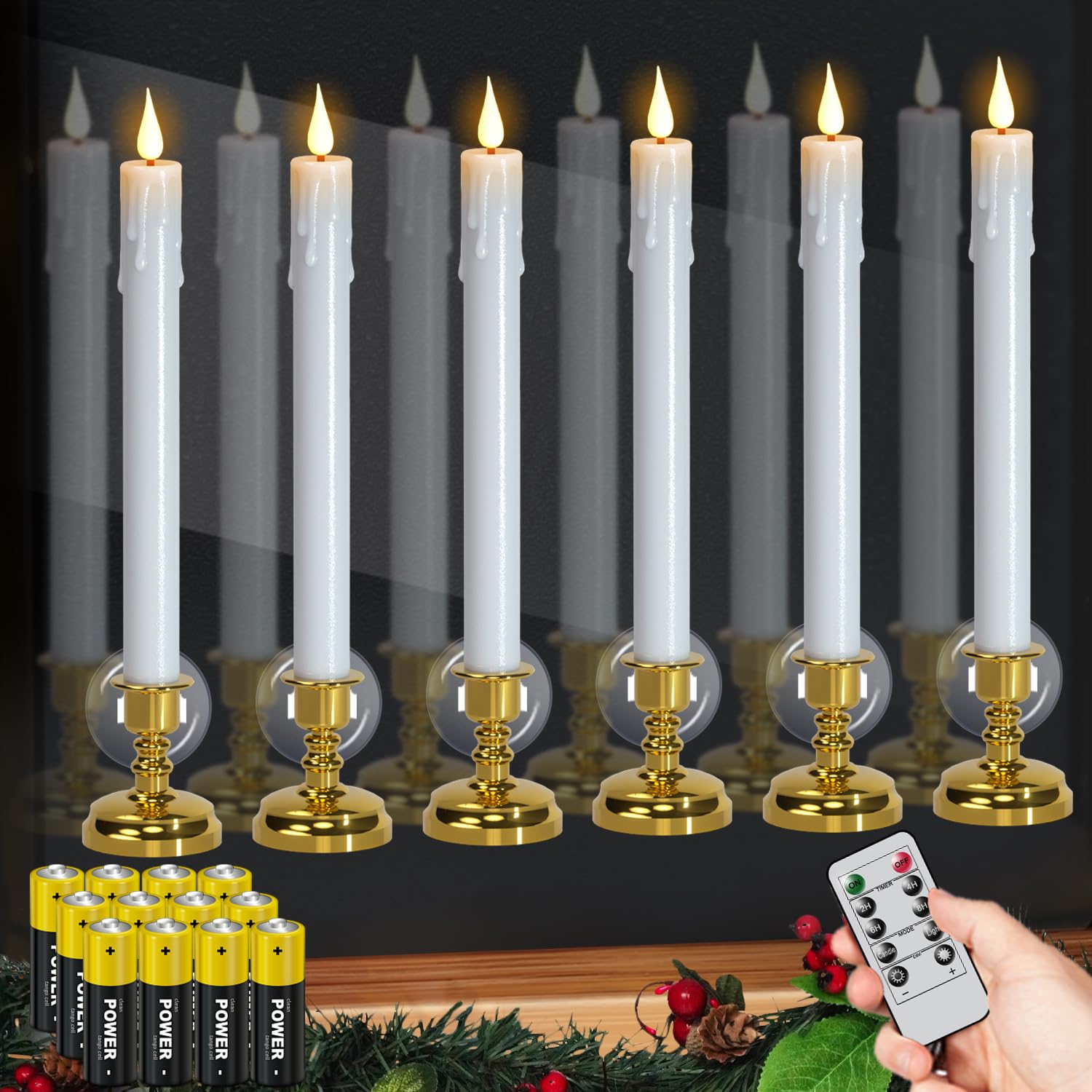 Candele natalizie senza fiamma per finestre, a batteria, con telecomando e timer, confezione da 6 candele a LED in plastica bianca tremolanti con ventose, decorazione per interni (supporti