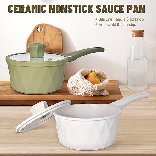 Miniatura 2 de Cacerola antiadherente de cerámica con tapa, olla pequeña de 2 cuartos de galón, diseño de diamante con mango frío, sartenes no tóxicas para cocina,