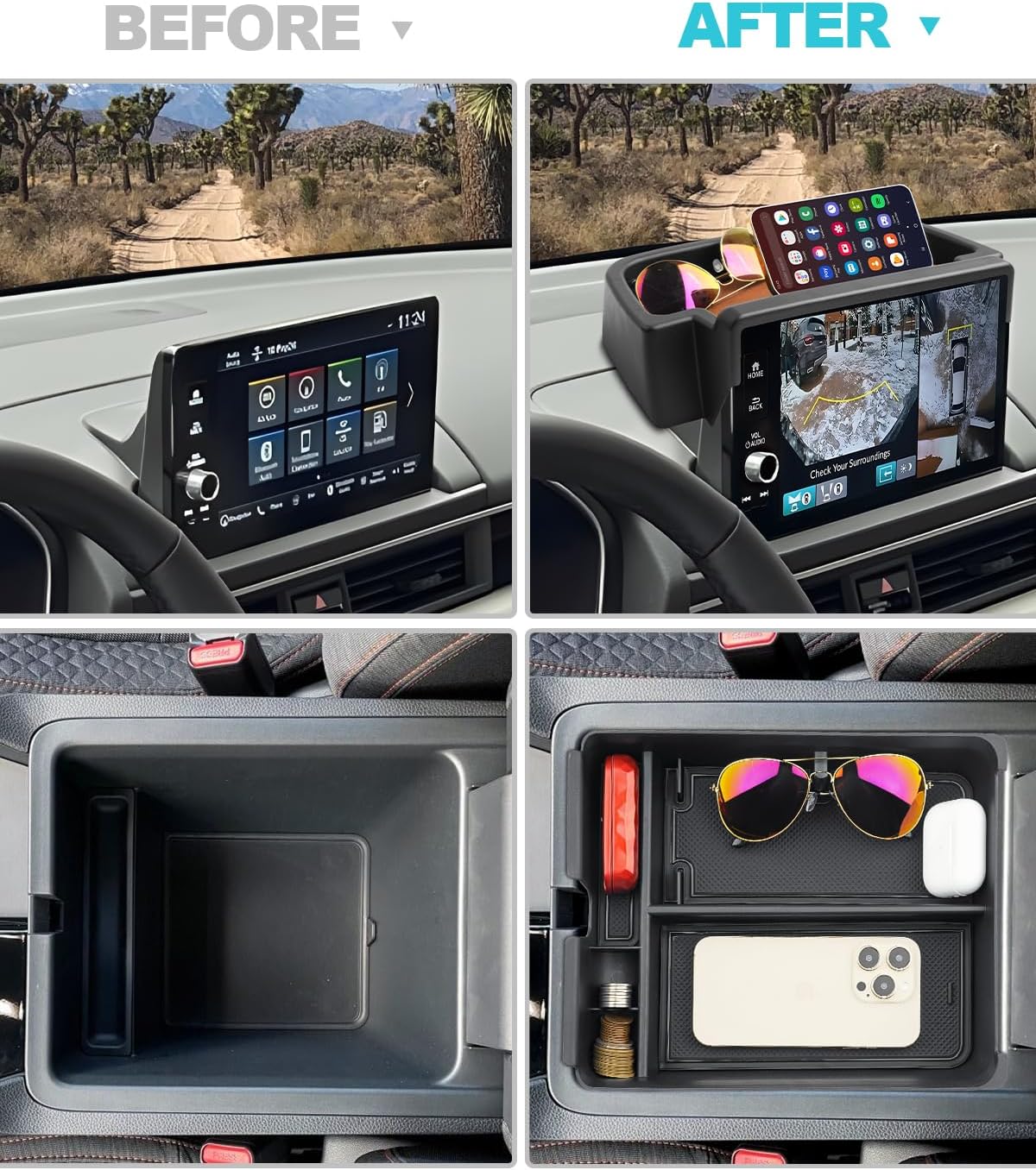 CDEFG 4PCS for 2023-2025 Honda Pilot Center Console Organizer 9-Inch Screen Organizer for 2023-2025 Honda Pilot Accessories Cup Holder Behind-Screen Dash Armrest Hidden Storage Box
